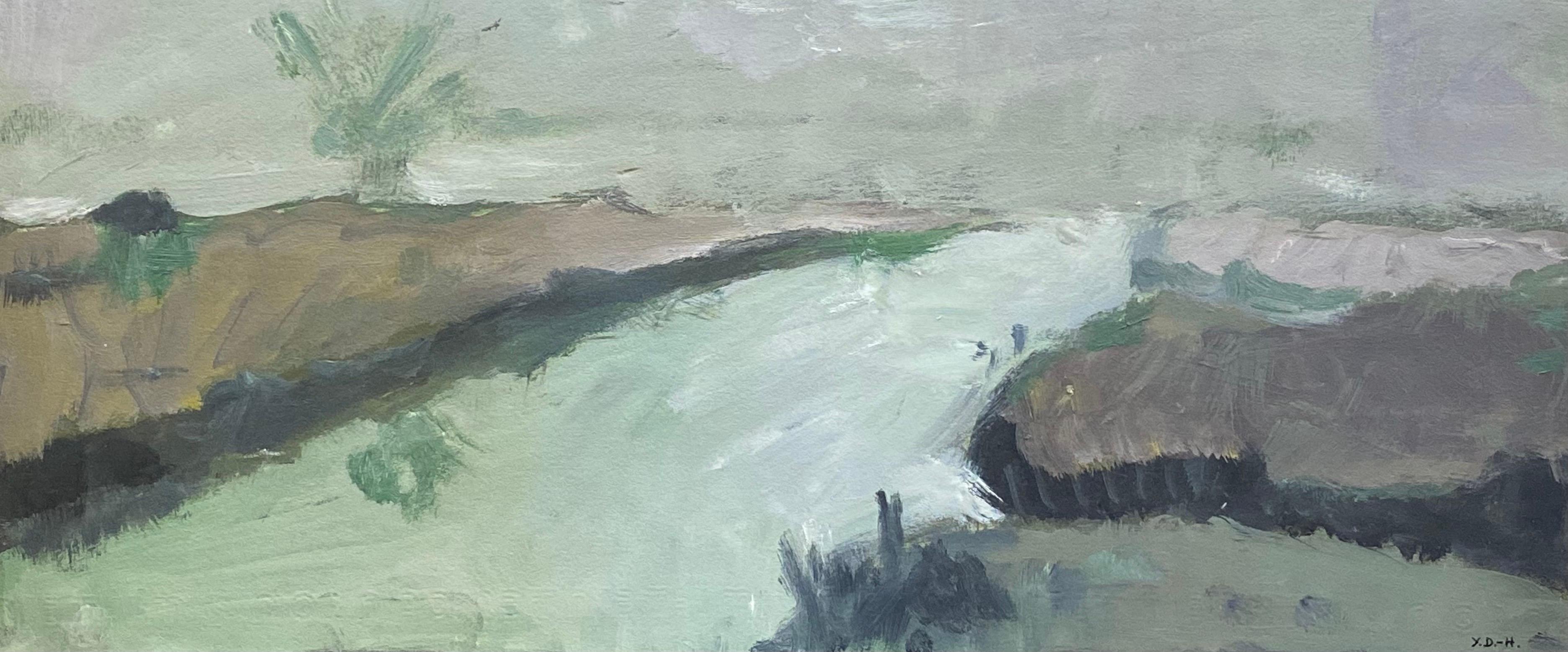 Yvette Dubois Habasque Abstract Painting –  Abstraktes Ölgemälde des französischen Expressionismus - Fluss-Landschaft