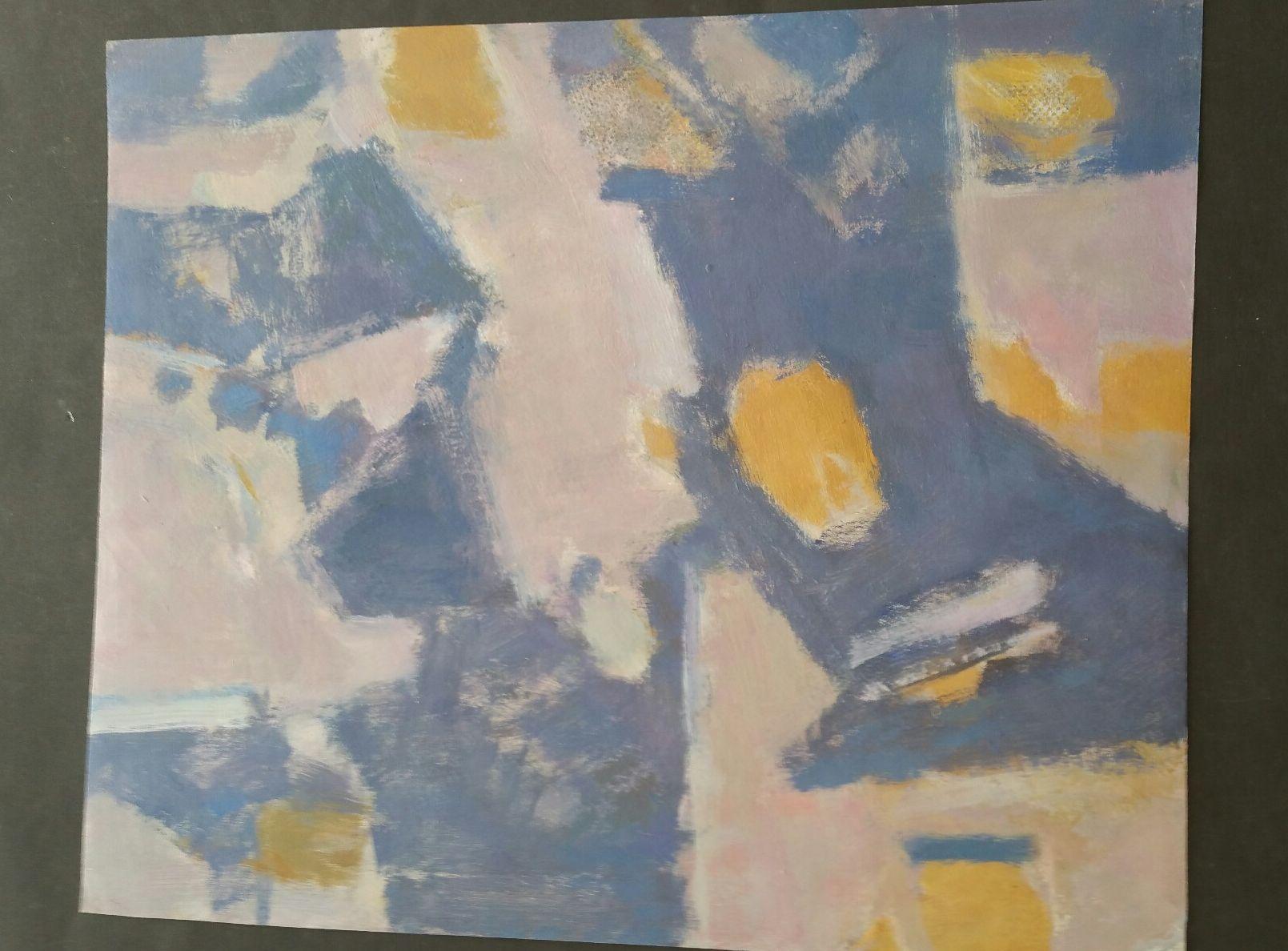 Parisian Abstract Expressionist Original Oil Painting - Blue Ochre Pink For Sale 6
