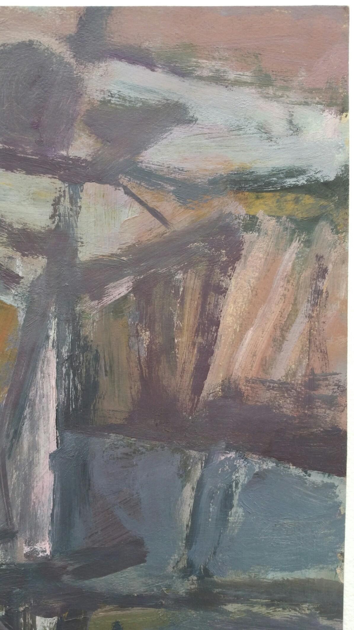 Peinture à l'huile d'origine de l'expressionniste abstrait parisien - tons foncés - Gris Abstract Painting par Yvette Dubois Habasque