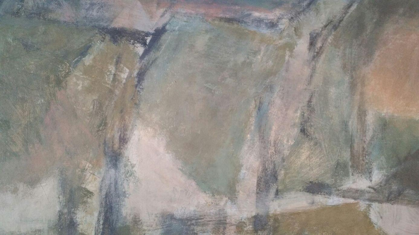 Yvette Dubois Habasque Abstract Painting - Parisian Abstract Expressionist Original Oil Painting - Green, Greys, Neutrals