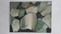 French Abstract Study in Green and Neutral Tones, Oil on Paper