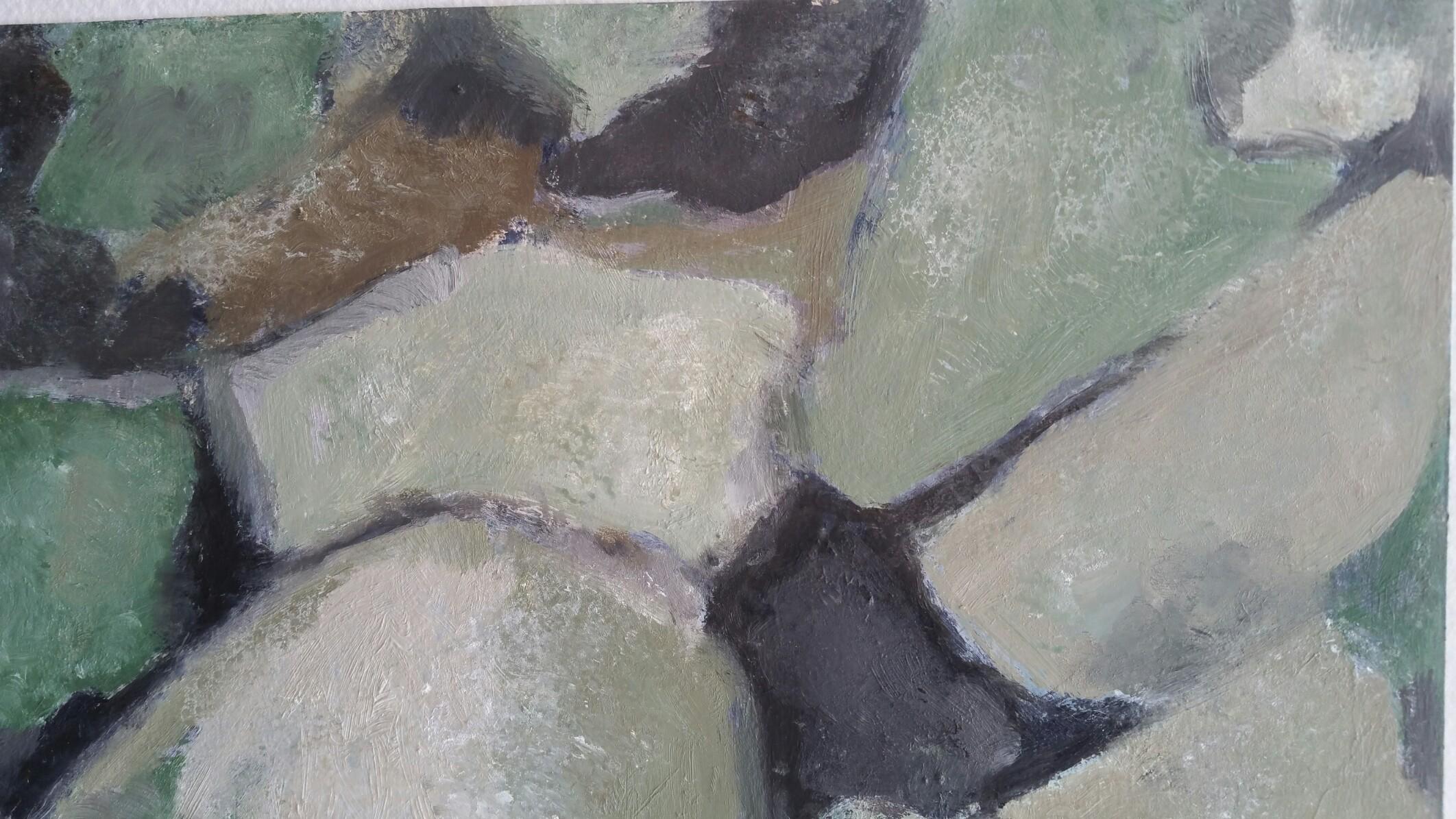 Parisian Abstract Expressionist Original Oil Painting - Greens Neutrals. For Sale 3