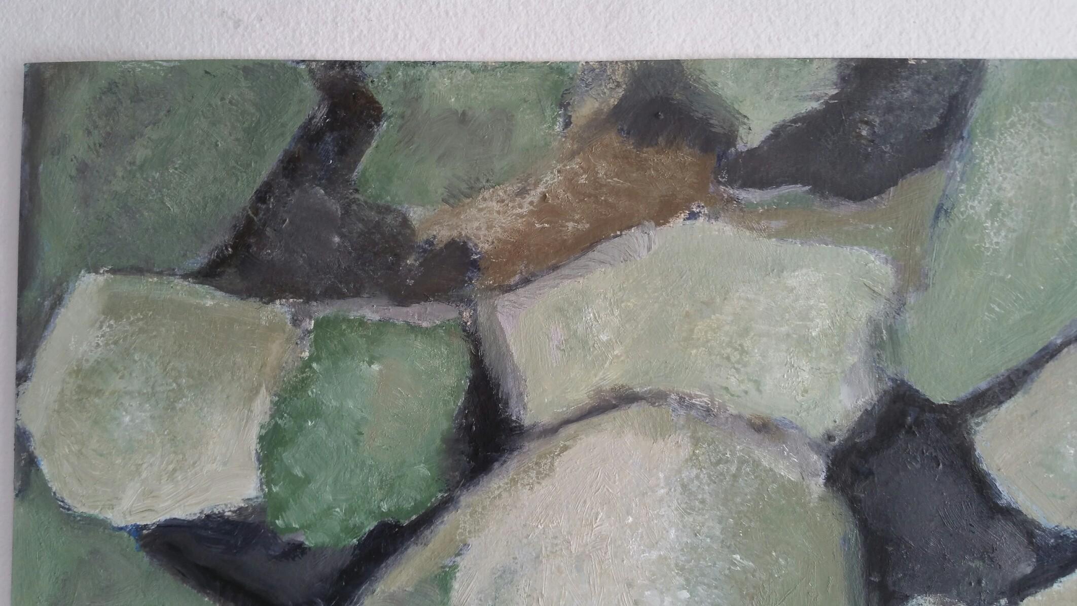 Parisian Abstract Expressionist Original Oil Painting - Greens Neutrals. For Sale 4
