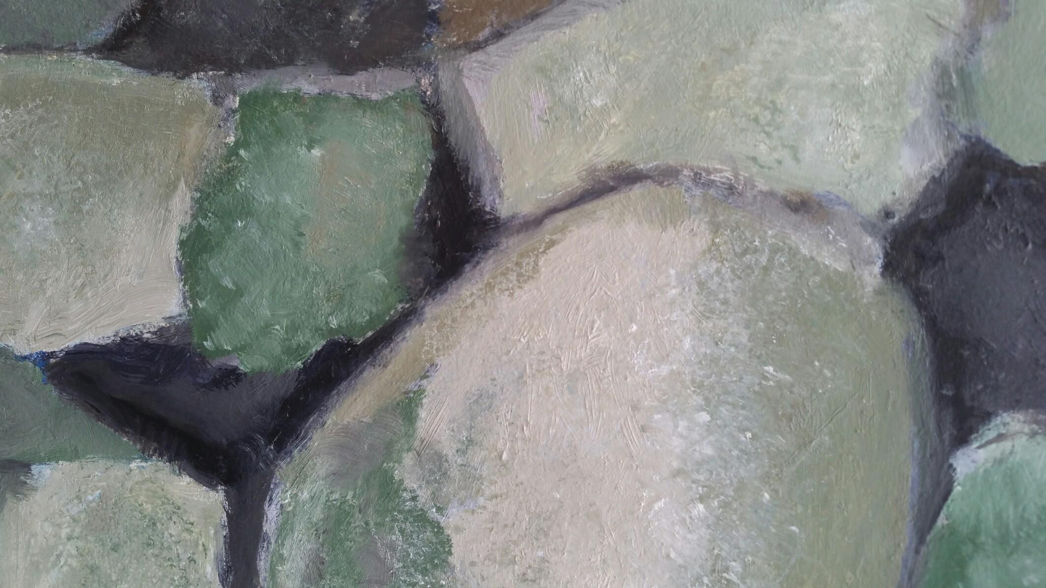 Parisian Abstract Expressionist Original Oil Painting - Greens Neutrals. For Sale 5