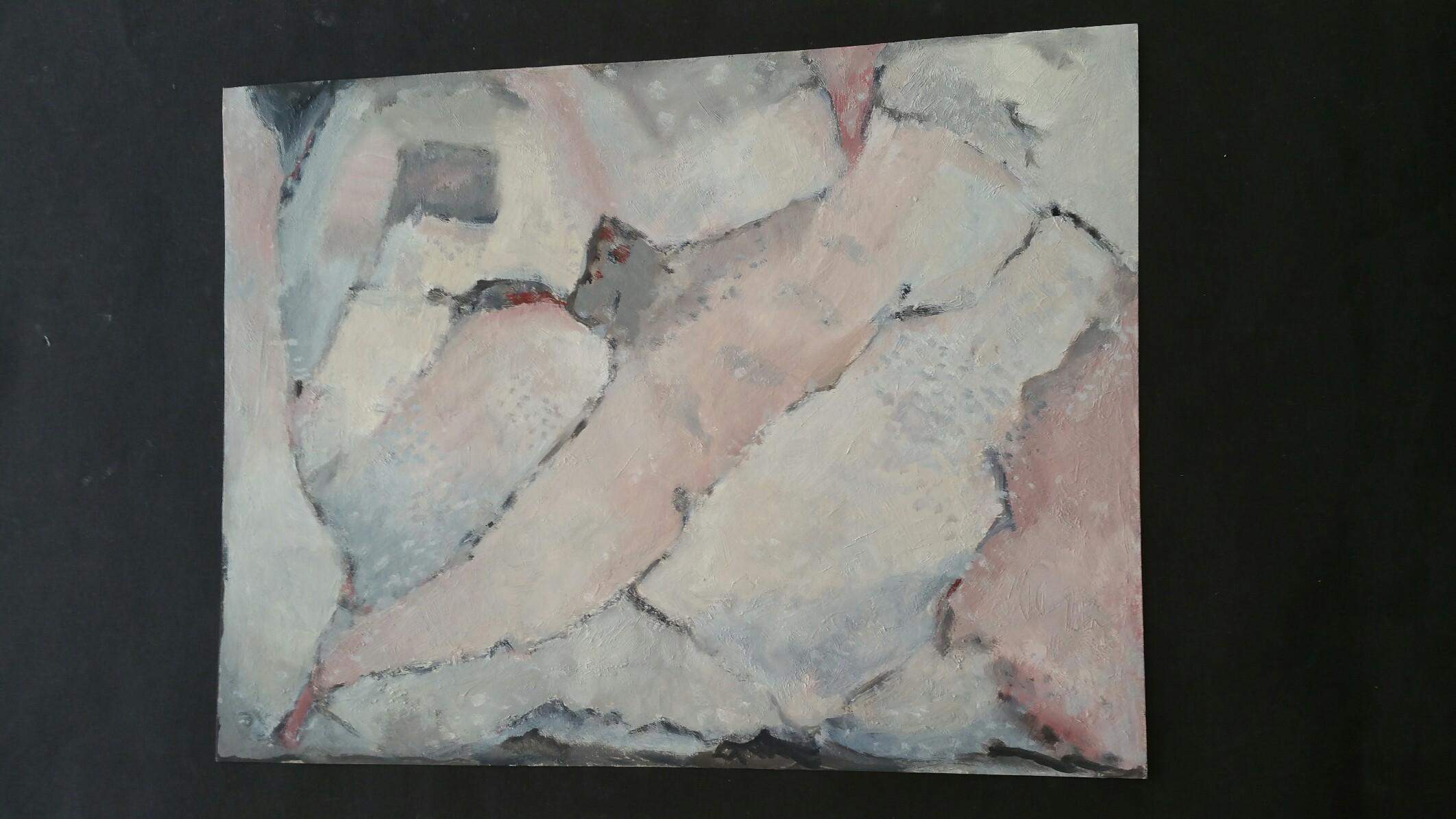Parisian Abstract Expressionist Original Oil Painting - Neutrals and Pinks - Gray Abstract Painting by Yvette Dubois Habasque