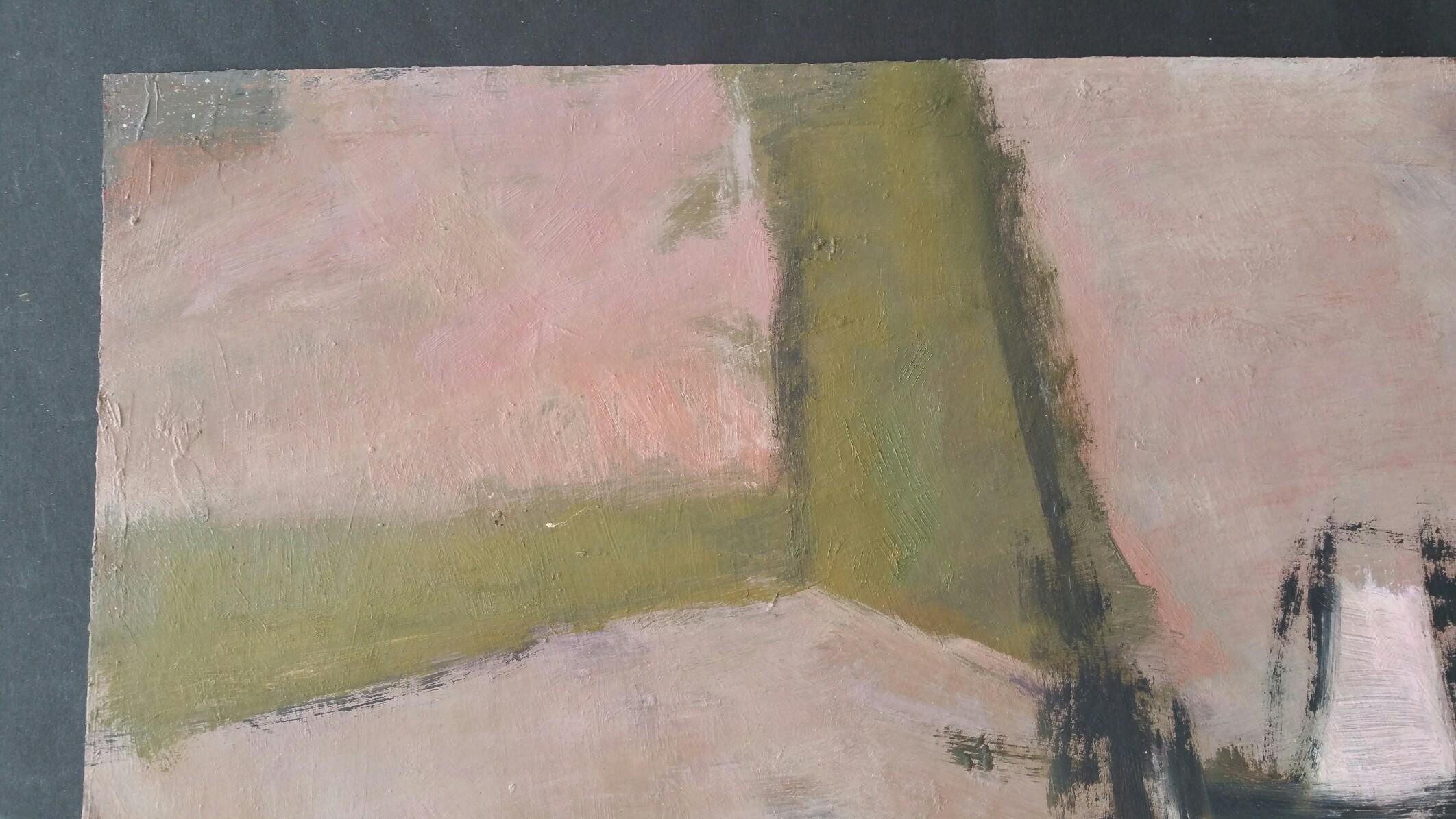 Parisian Abstract Expressionist Original Oil Painting - Pinks, Greens, Charcoal For Sale 1