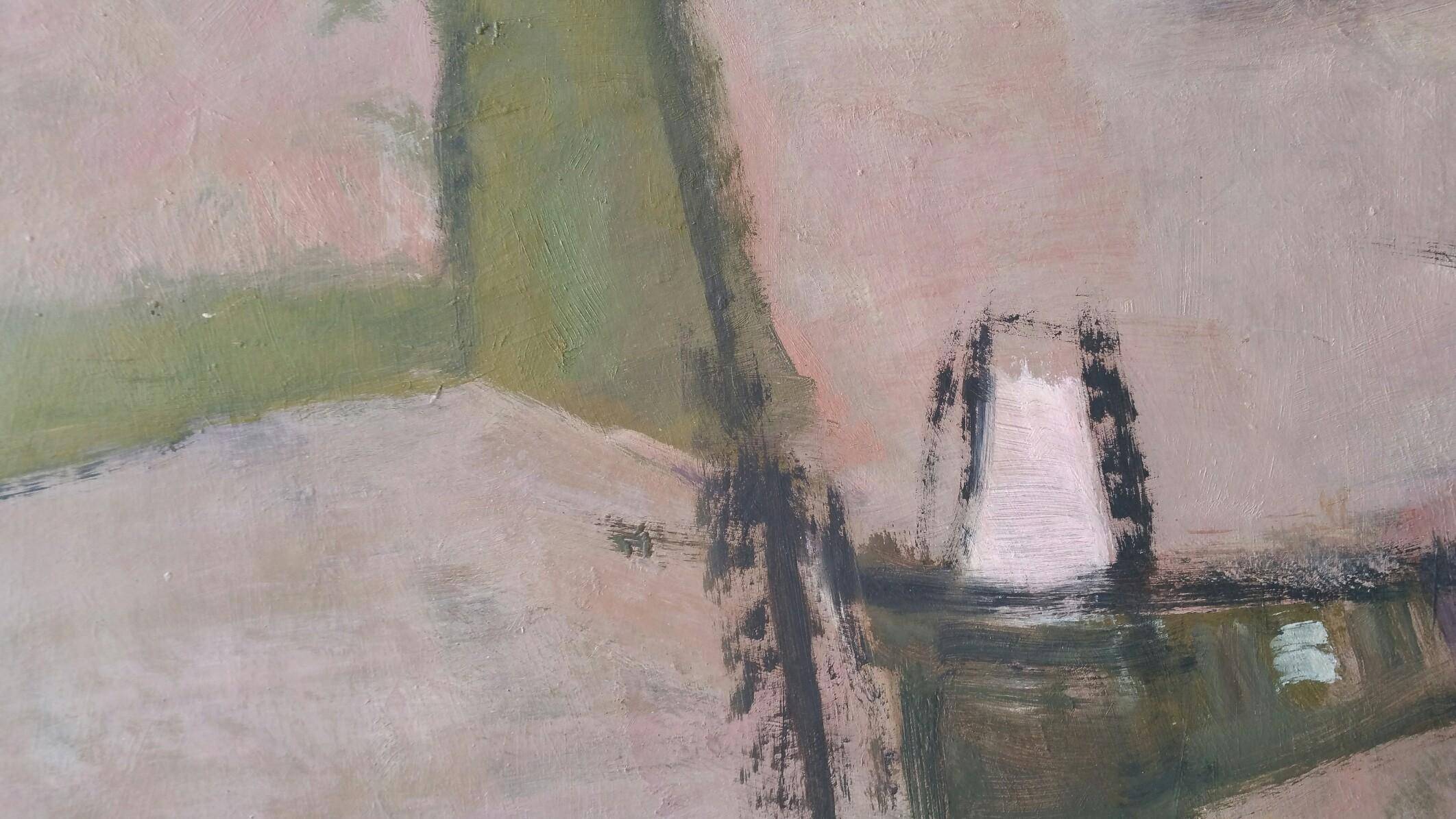 Parisian Abstract Expressionist Original Oil Painting - Pinks, Greens, Charcoal For Sale 3