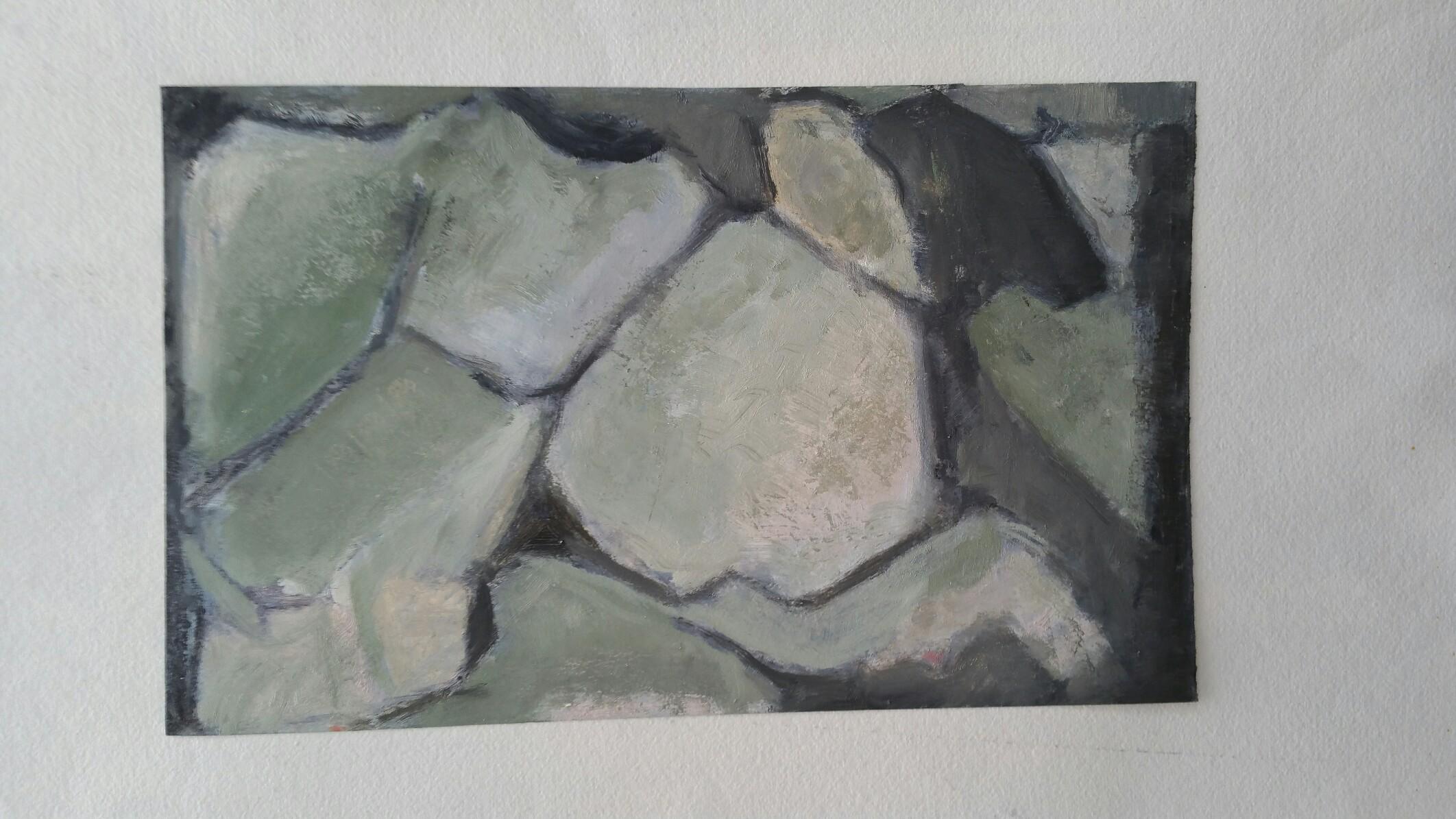 Parisian Abstract Expressionist Original Oil Painting - Small Greens Neutrals. For Sale 5