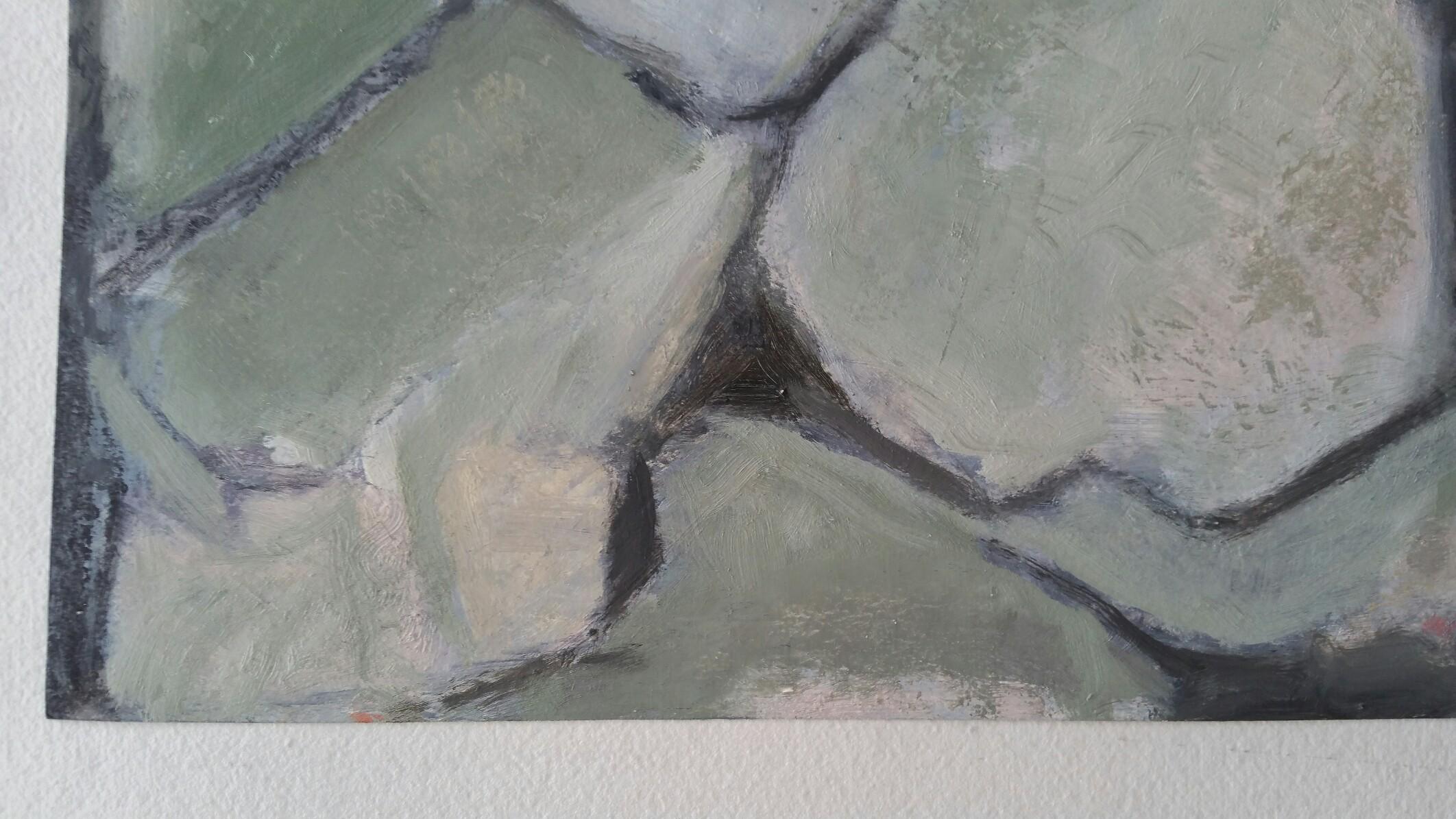 Parisian Abstract Expressionist Original Oil Painting - Small Greens Neutrals. - Gray Abstract Painting by Yvette Dubois Habasque