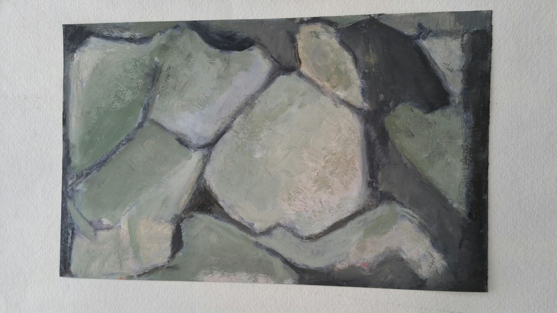 Parisian Abstract Expressionist Original Oil Painting - Small Greens Neutrals. For Sale 2