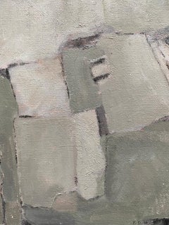 SHADES OF GREEN AND GREY COLORS - MODERN FRENCH CUBIST ABSTRACT PAINTING