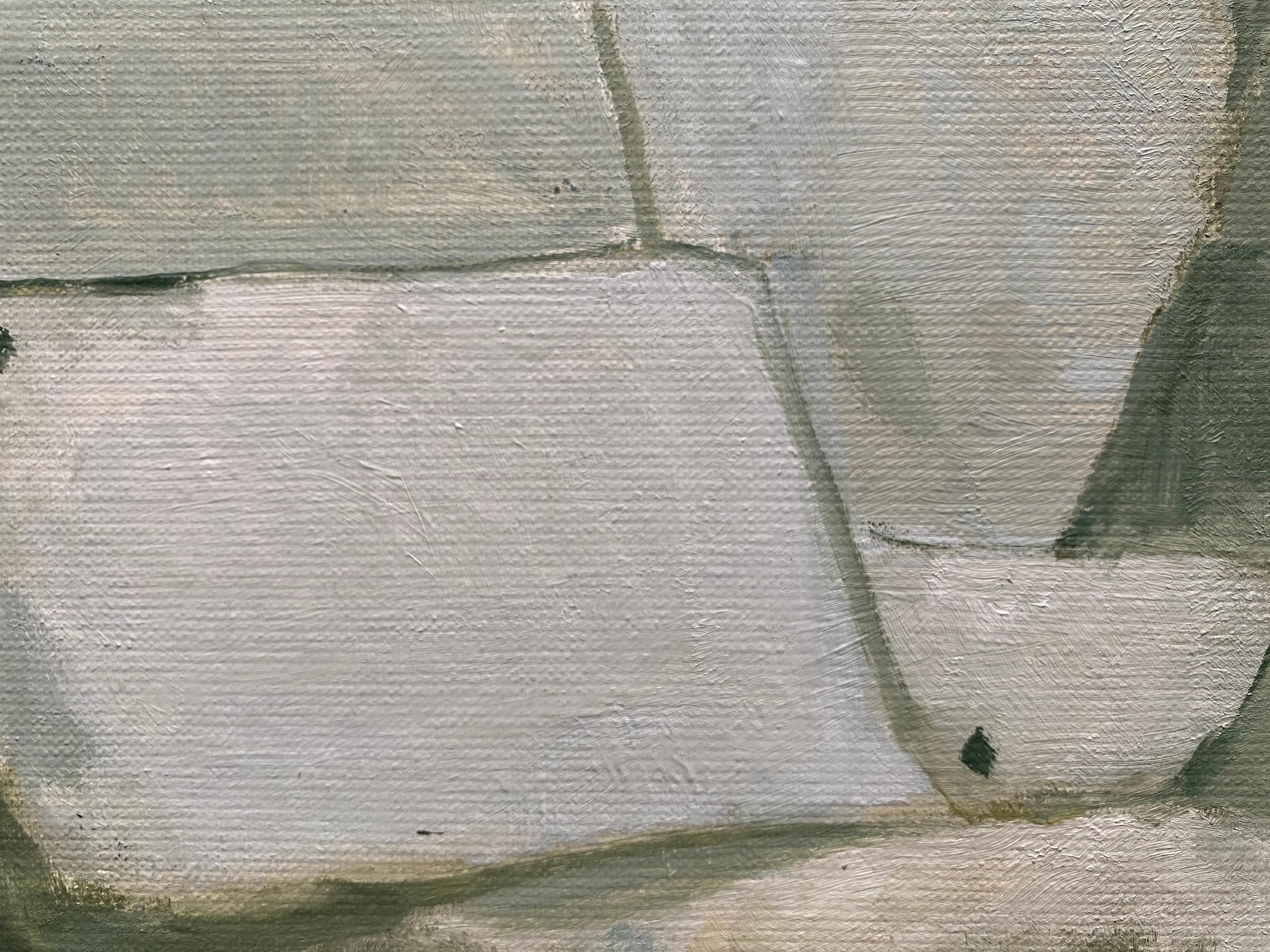 SHADES OF MUTED GREEN & GREY COLOR - MODERNES FRENCH CUBIST ABSTRACT PAINTING – Painting von Yvette Dubois Habasque