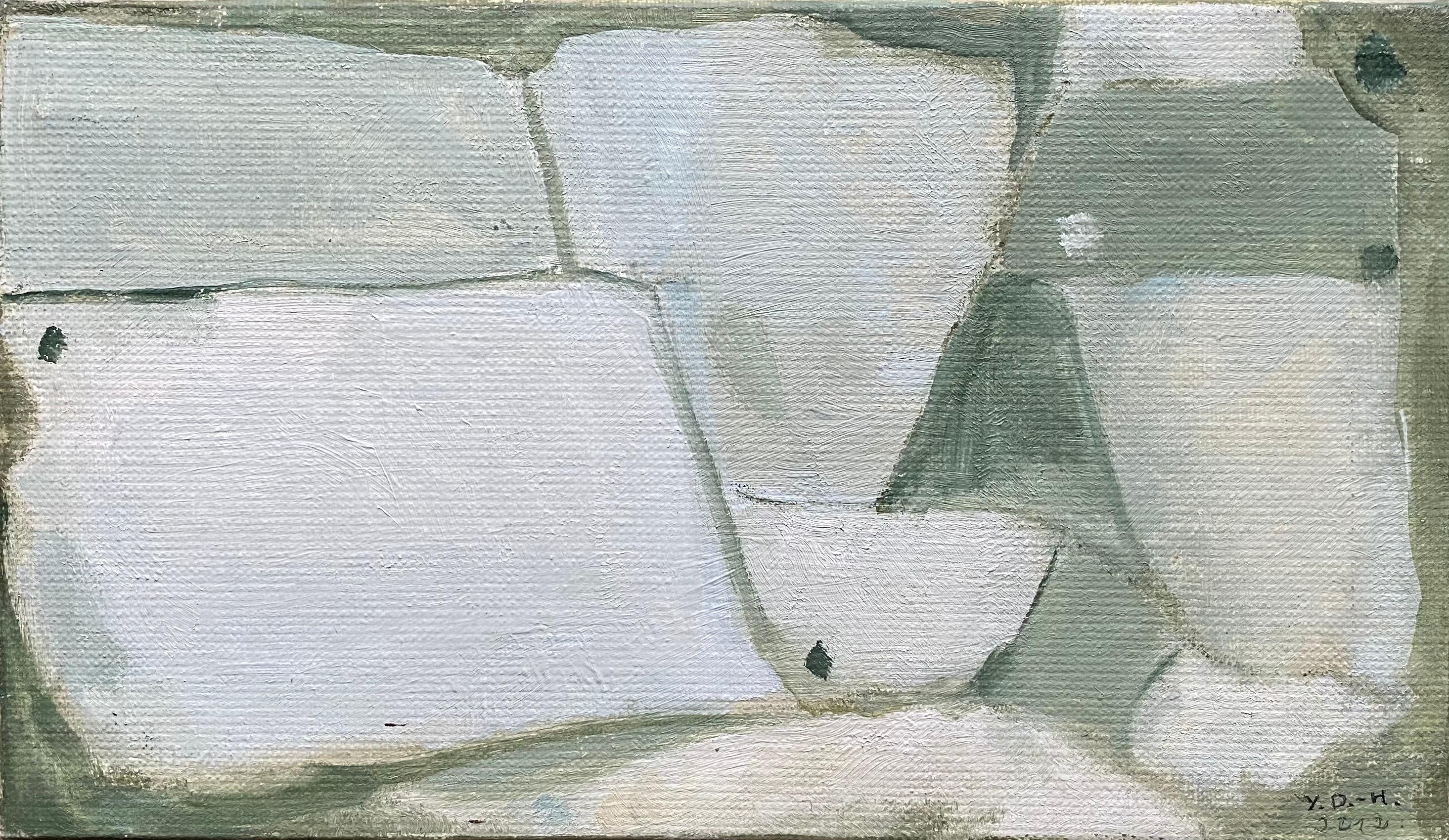 Yvette Dubois Habasque Abstract Painting - SHADES OF MUTED GREEN & GREY COLOR - MODERN FRENCH CUBIST ABSTRACT PAINTING