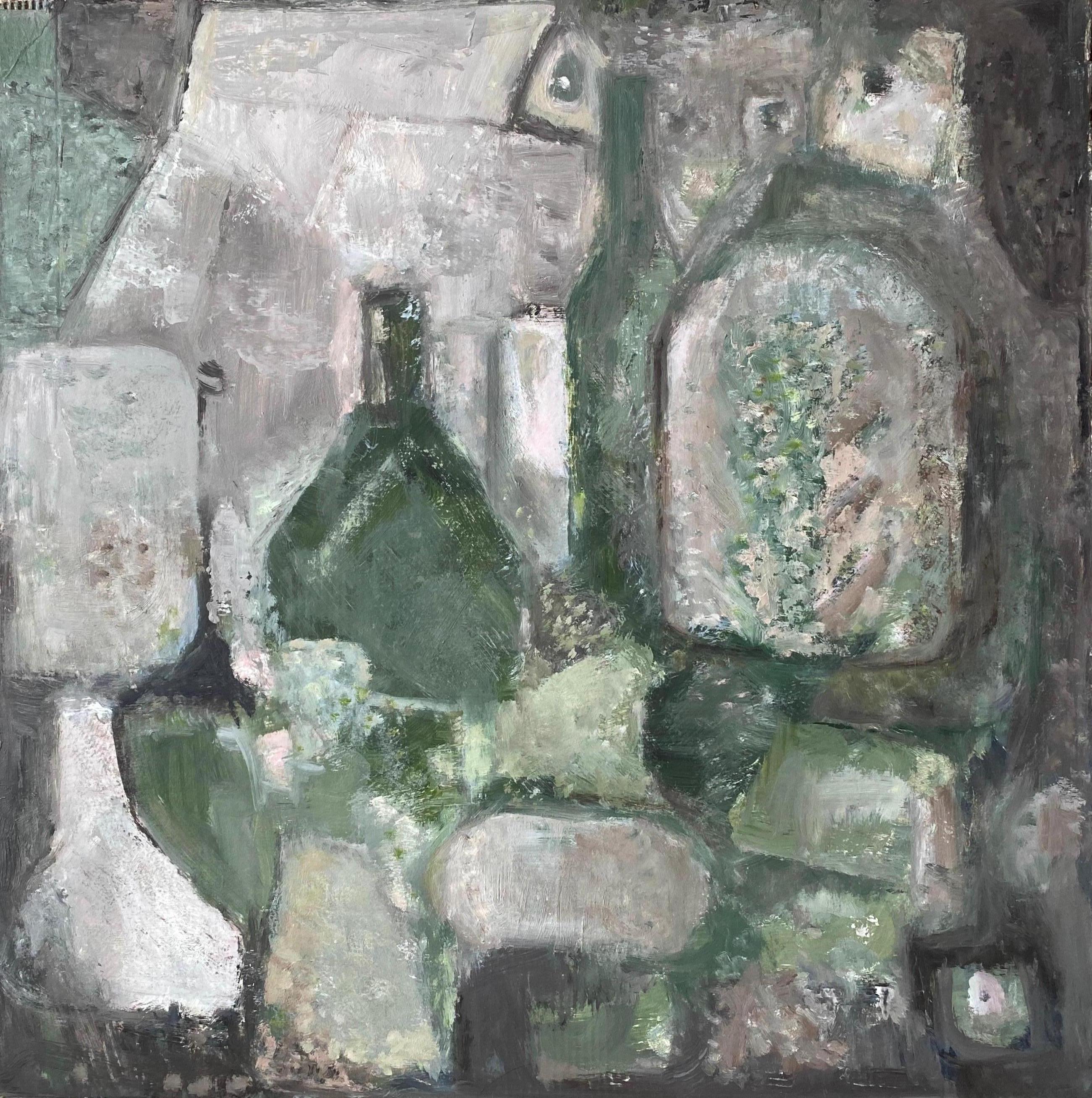 Yvette Dubois Habasque Abstract Painting - YVETTE DUBOIS-HABASQUE (1929-2016) FRENCH CUBIST ABSTRACT PAINTING GREEN BOTTLES