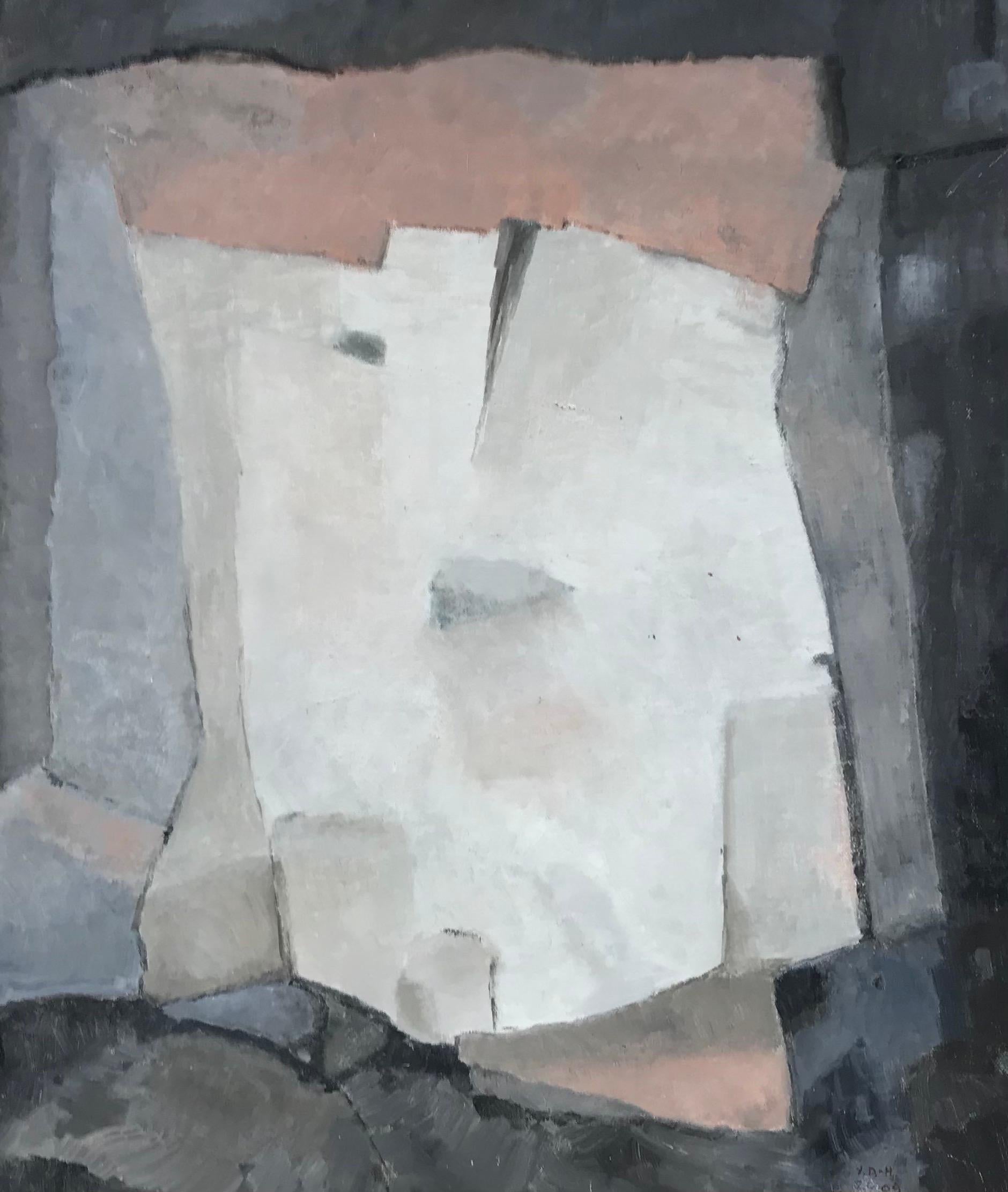 Yvette Dubois Habasque Abstract Painting - YVETTE DUBOIS-HABASQUE(1992-2016) FRENCH CUBIST ABSTRACT PAINTING PINK AND GREY