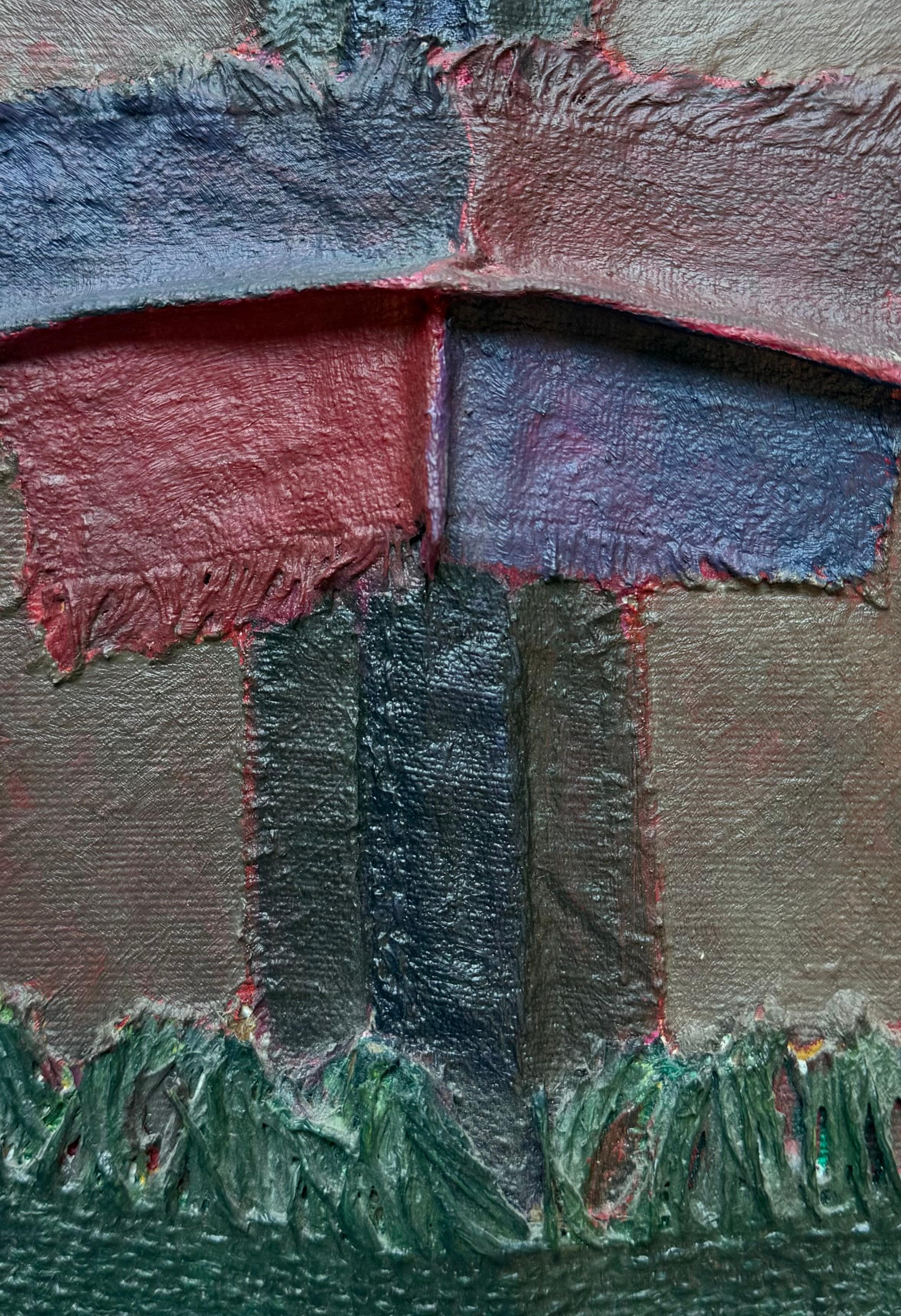 Peinture originale en techniques mixtes de l'artiste français Yvon Prevel.  Composé de tissu peint appliqué sur une toile sur un châssis en bois.  Signé au verso et daté de 1987. L'état est excellent.  Provenance : Contemporary Art from the