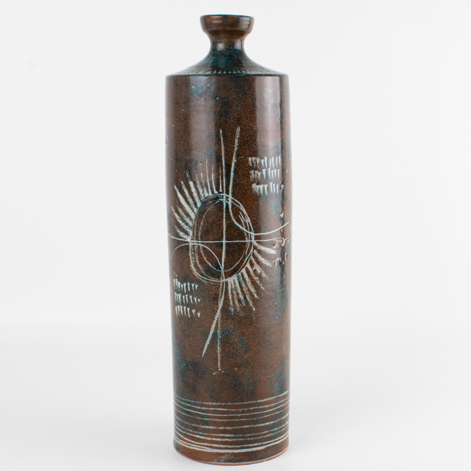Mid-Century moderno Yvon Roy per Atelier A Montgolfier Vaso in ceramica di terracotta smaltata, 1950 ca. in vendita