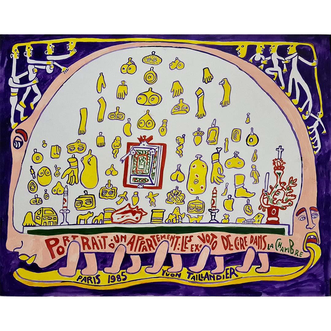 This 1985 mixed media work is by French artist Yvon Taillandier, known for his highly distinctive, playful visual universe.

Taillandier developed a unique style that blends naïve art, illustration, and storytelling, often populated by simplified
