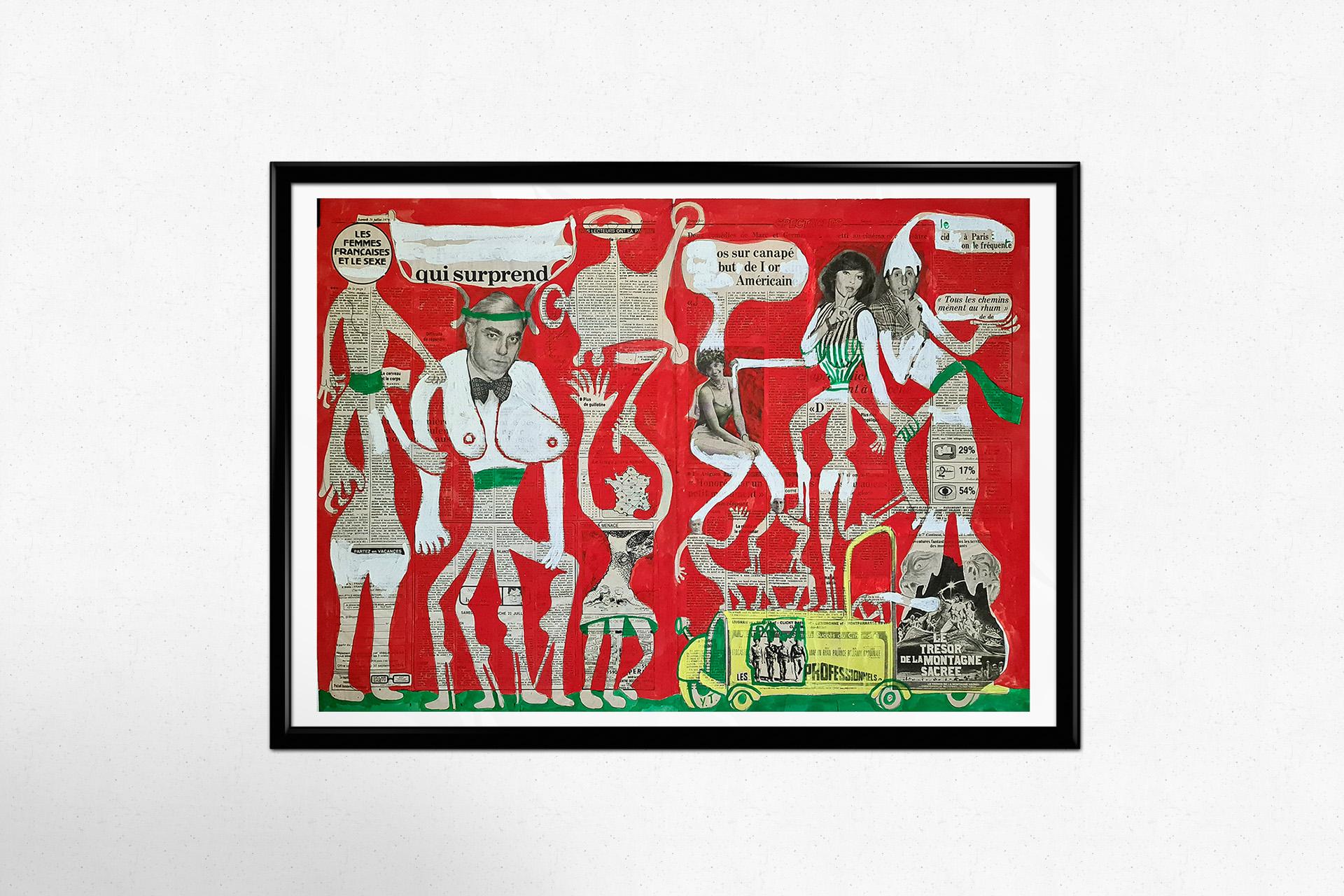 1979 Peinture originale sur papier journal Les femmes françaises et le sexe - Abstrait Painting par Yvon Taillandier