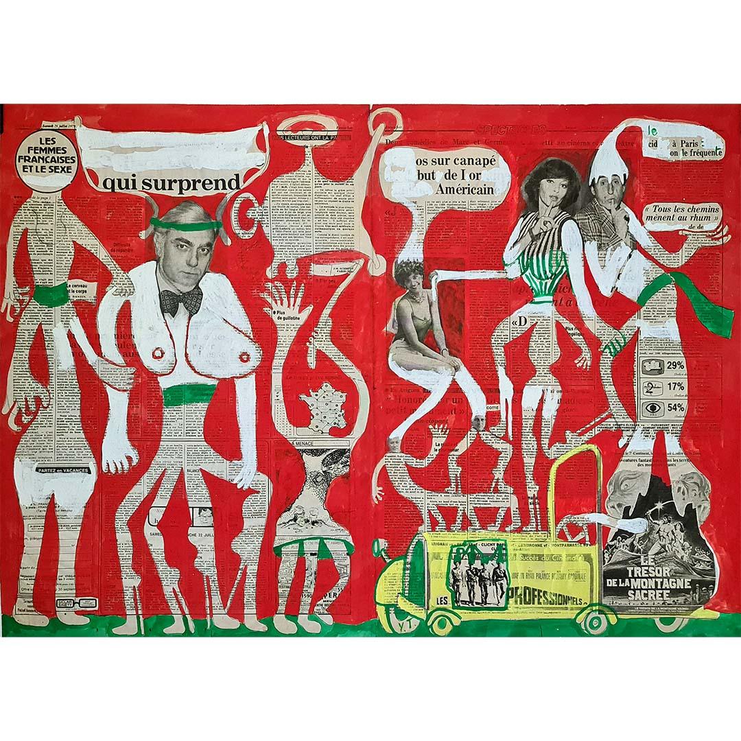 1979 Peinture originale sur papier journal Les femmes françaises et le sexe - Painting de Yvon Taillandier