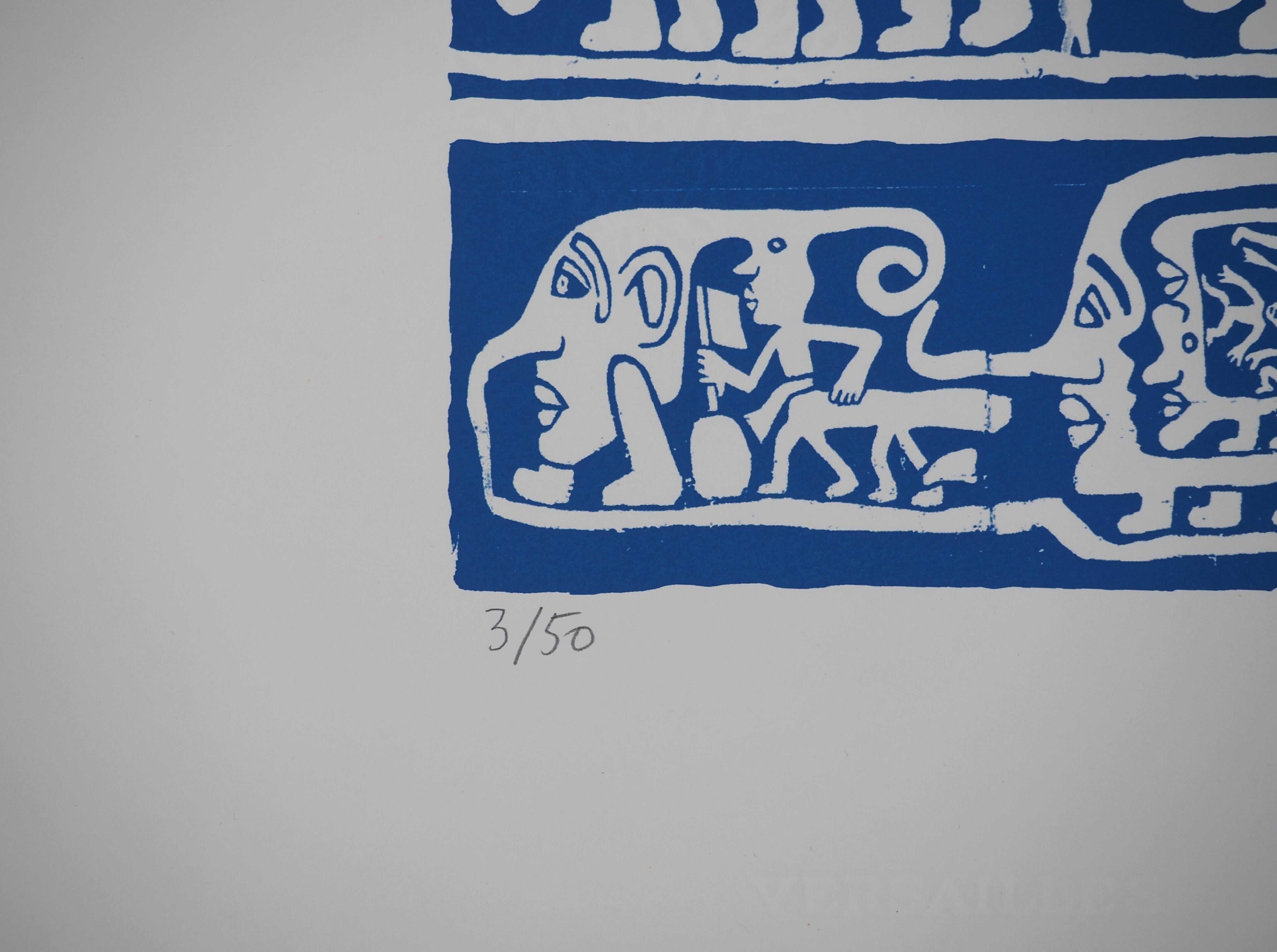 Catitipede with Blue Faces - Original Handsigned Screen Print - Gray Figurative Print by Yvon Taillandier