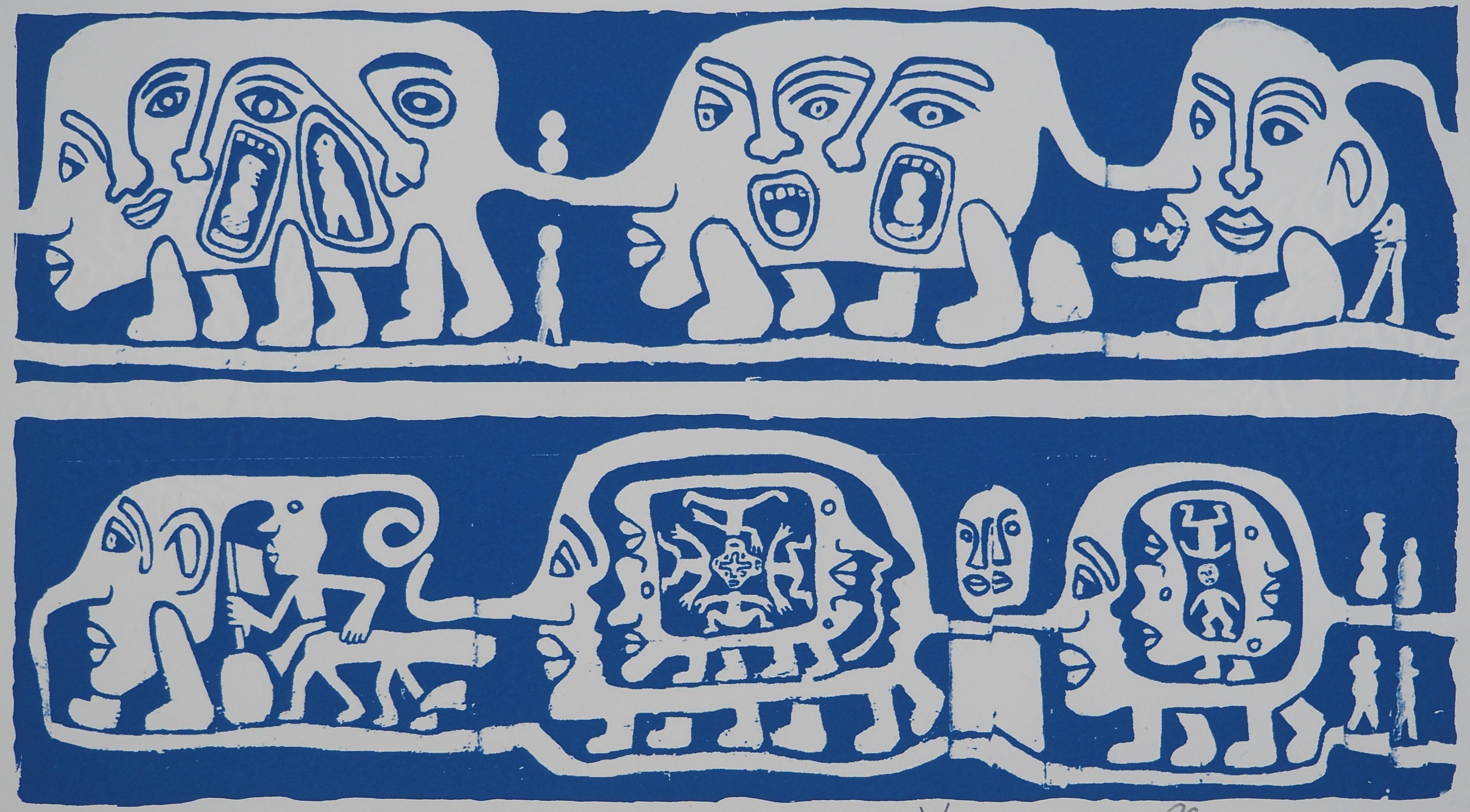Yvon Taillandier Figurative Print - Catitipede with Blue Faces - Original Handsigned Screen Print