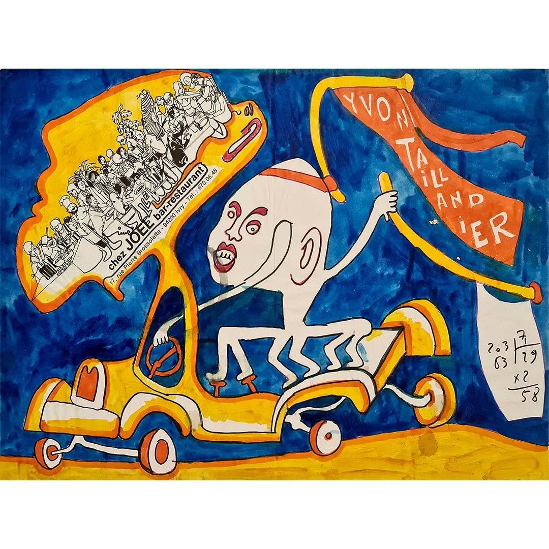 Questo dipinto originale di Yvon Taillandier è un esempio lampante del suo caratteristico stile "Taillandier-land", un mondo di figure fantastiche e composizioni surreali. Artista e scrittore francese di spicco, Taillandier è stato profondamente