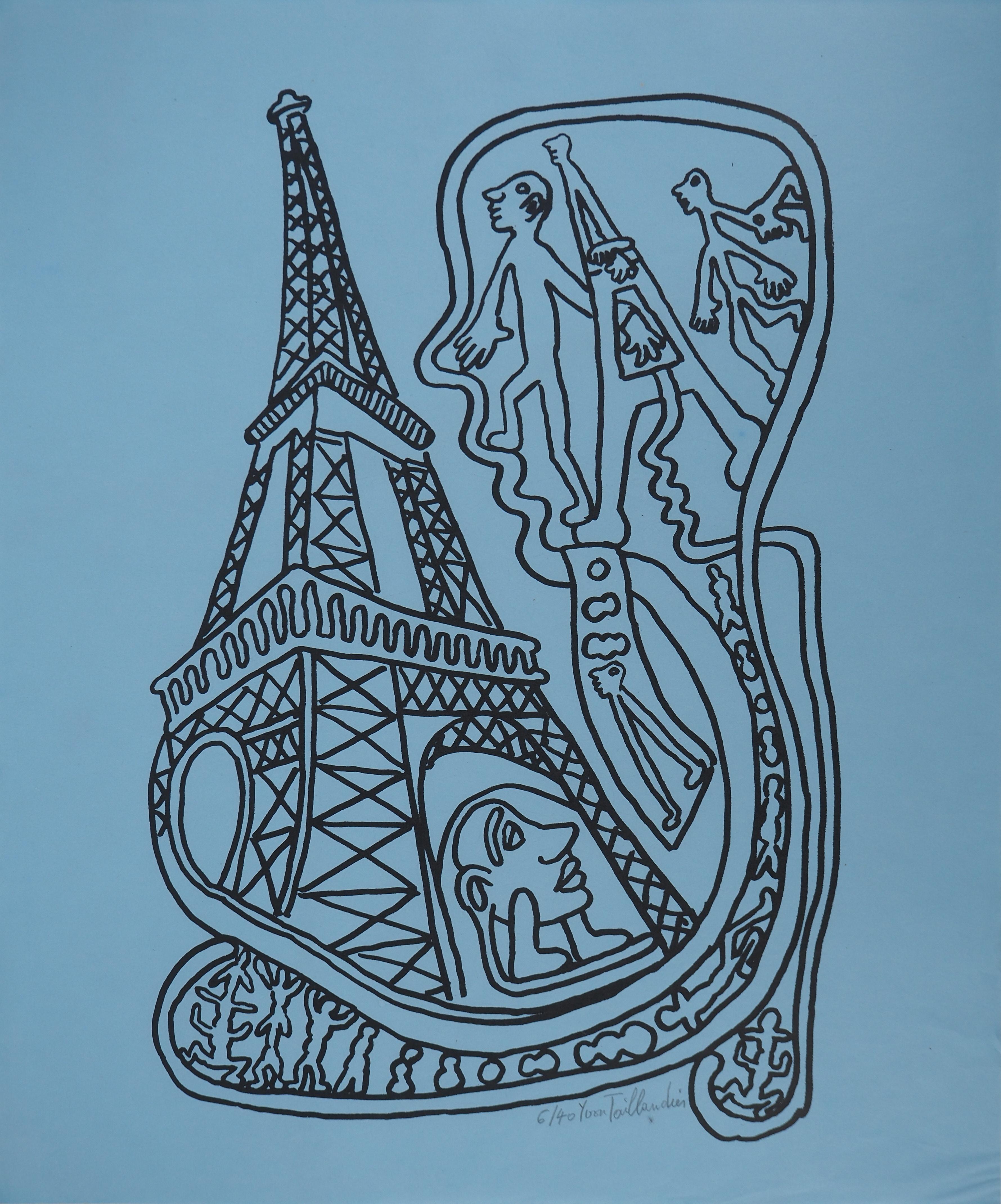 Yvon Taillandier Figurative Print - Paris, The Black Eiffel Tower - Original Handsigned Screen Print