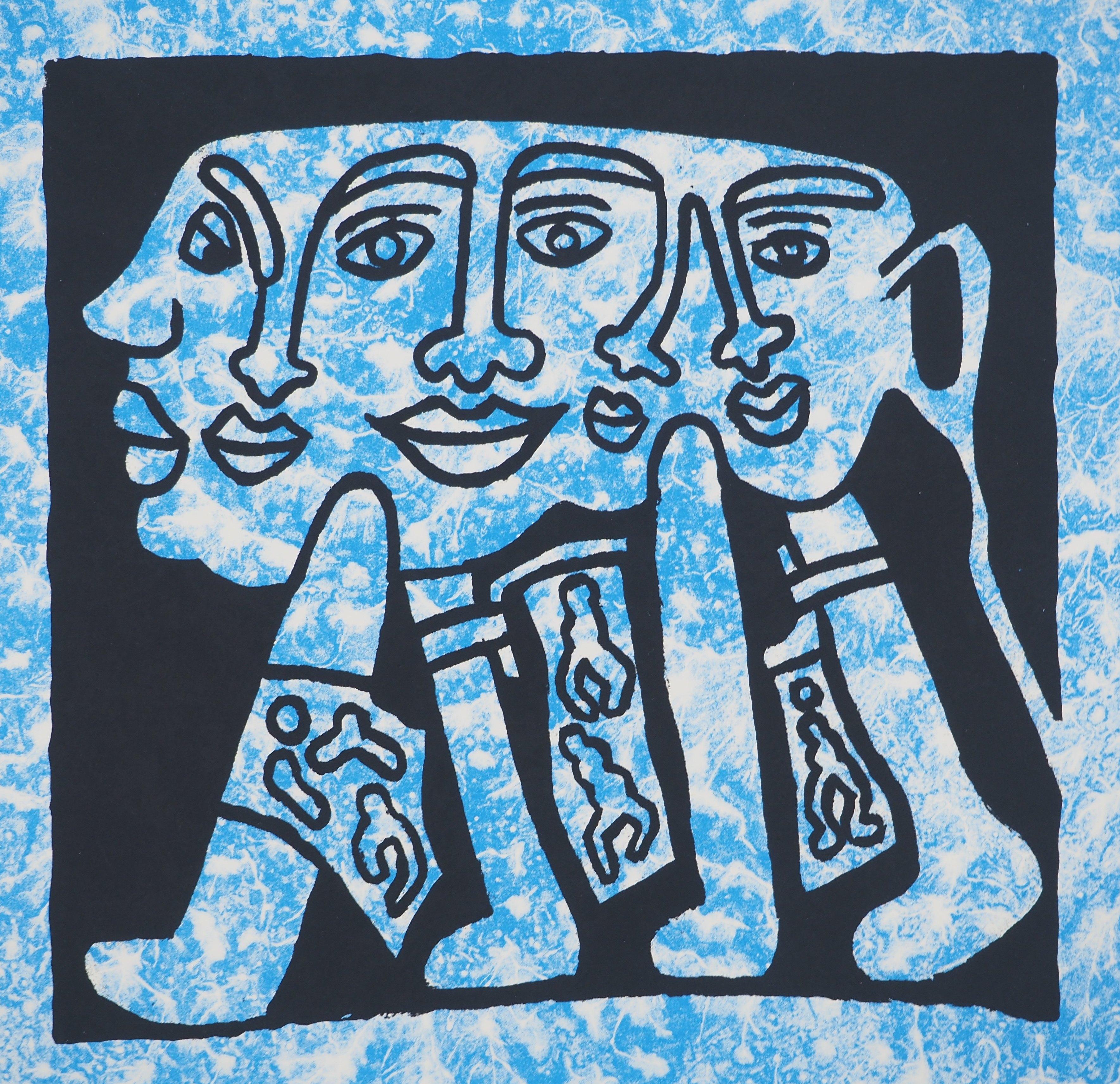 Der Katzenbuckel in einem Oval - Original handsignierter Siebdruck (Blau), Figurative Print, von Yvon Taillandier