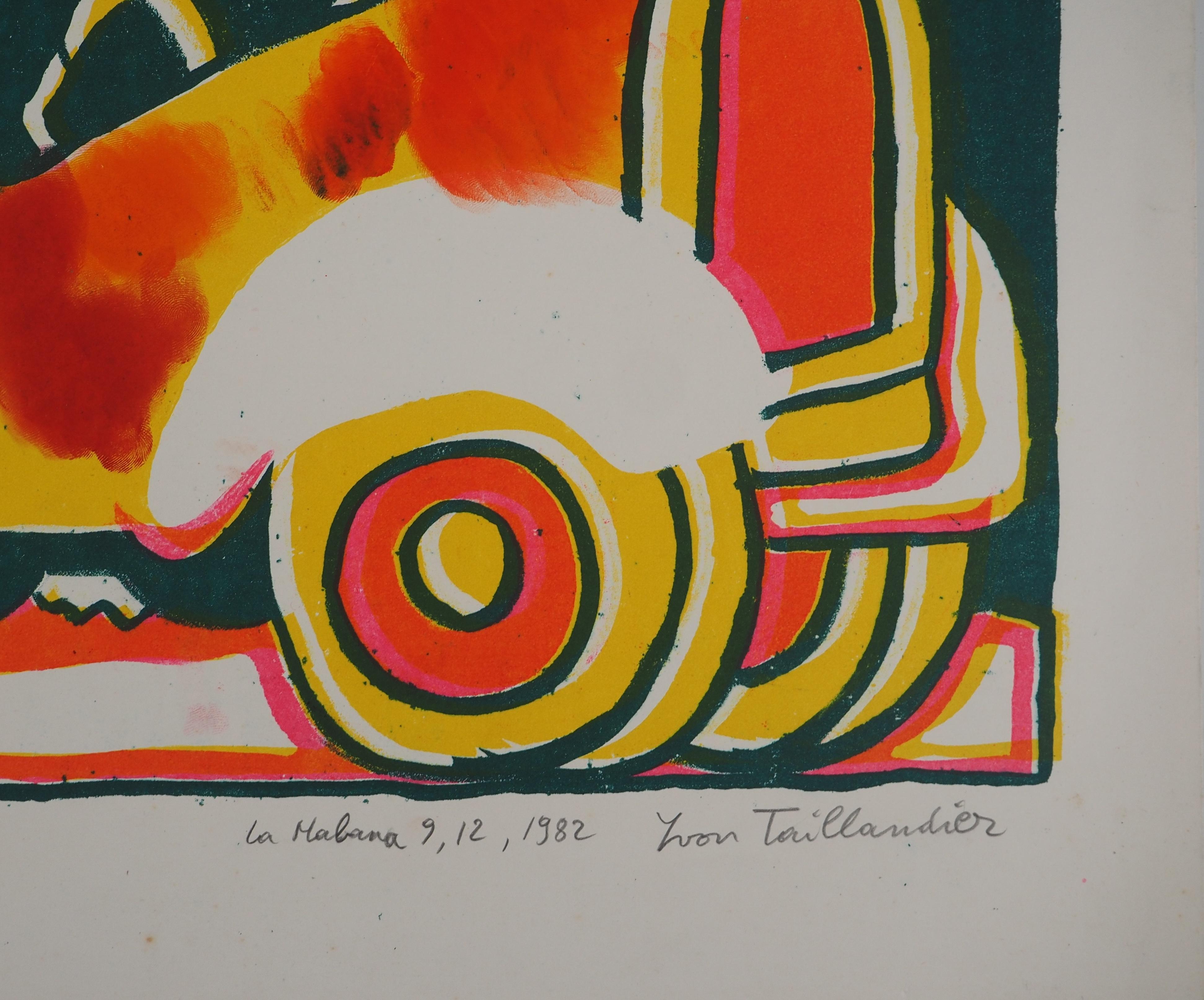 The Traveller, Havana, 1982 - Original Handsigned Screen Print - Black Figurative Print by Yvon Taillandier