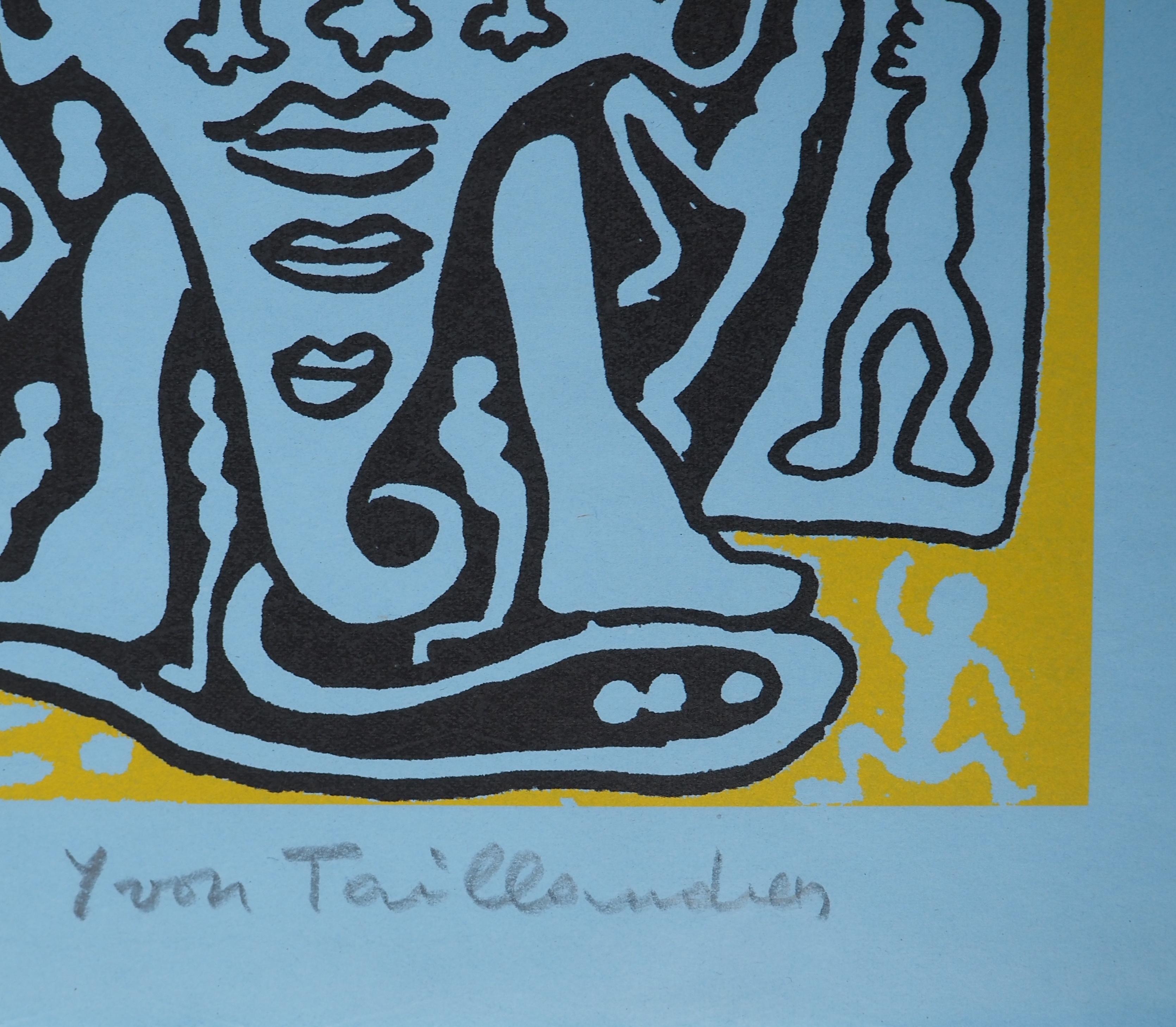 The Yellow Catitipède from Paris - Original Handsigned Screen Print - Blue Figurative Print by Yvon Taillandier