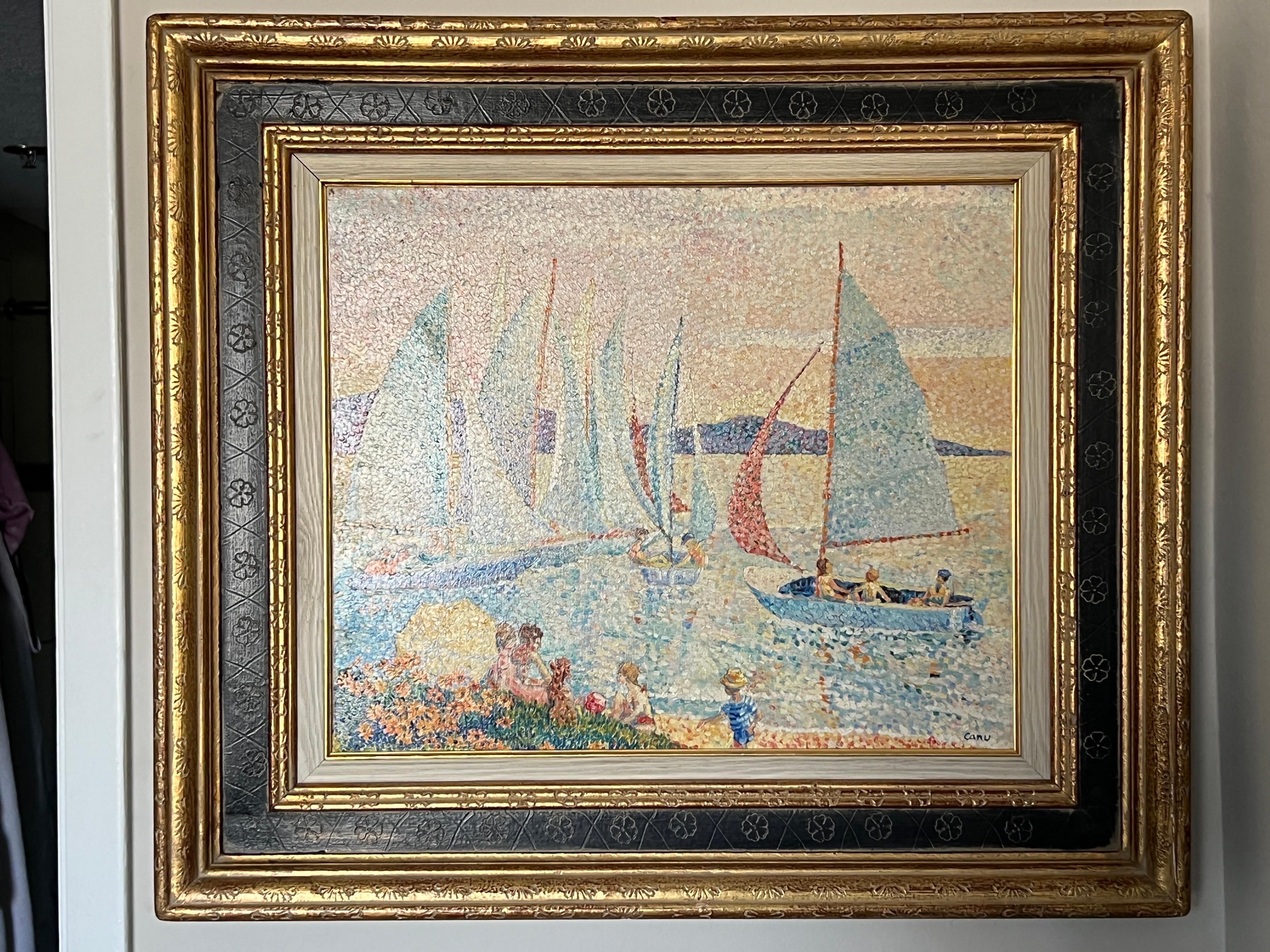 Yvonne Canu (French, 1921-2008), “Les Regates”. A fine French Pointillist oil on canvas painting of sailboats in the harbor. The scene also includes a family playing in the foreground. 
Signed to the lower right “Canu”. The verso includes title and