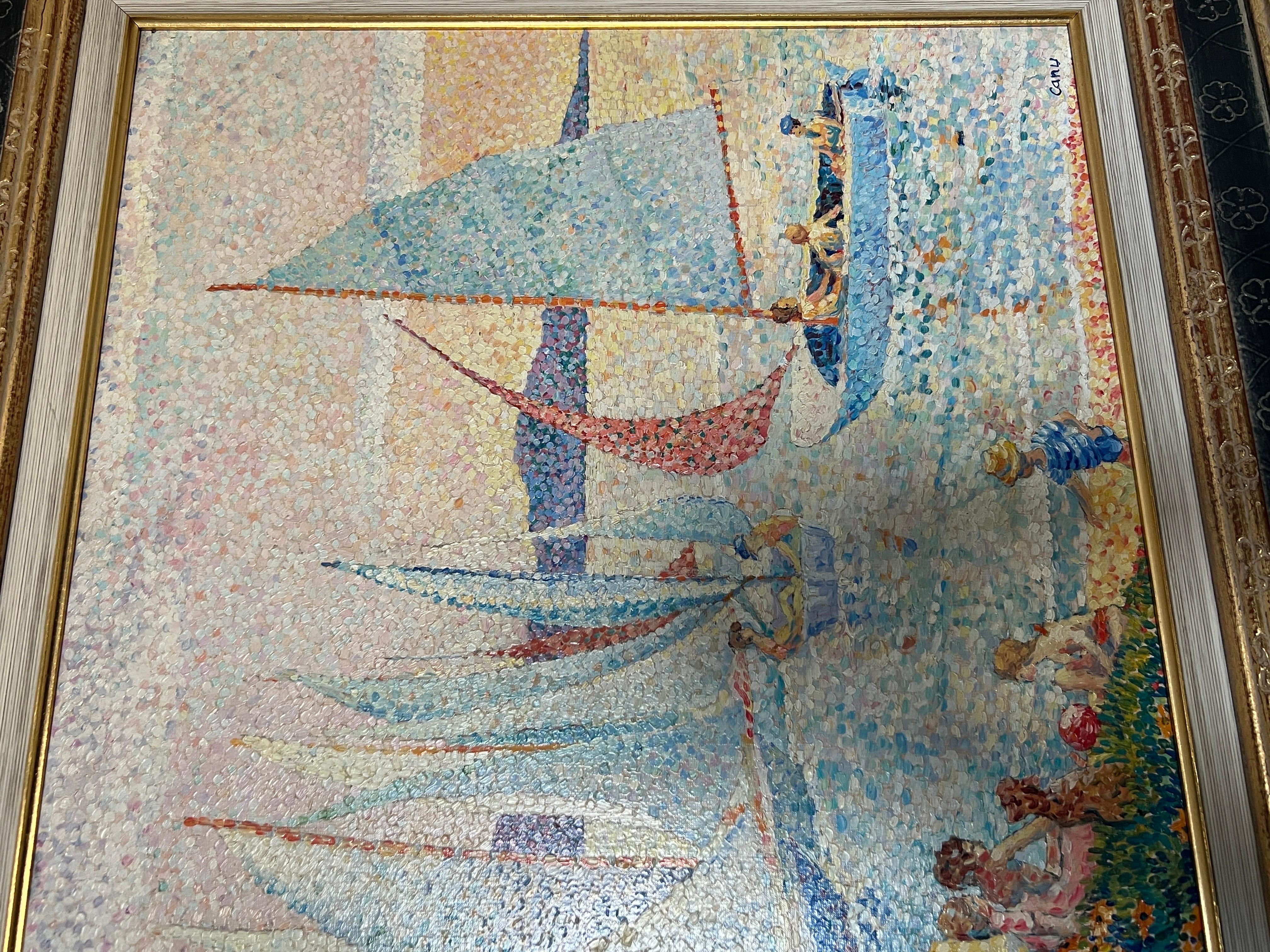 20th Century Yvonne Canu “Les Regates” French Pointillist Impressionist School Harbor Oil For Sale