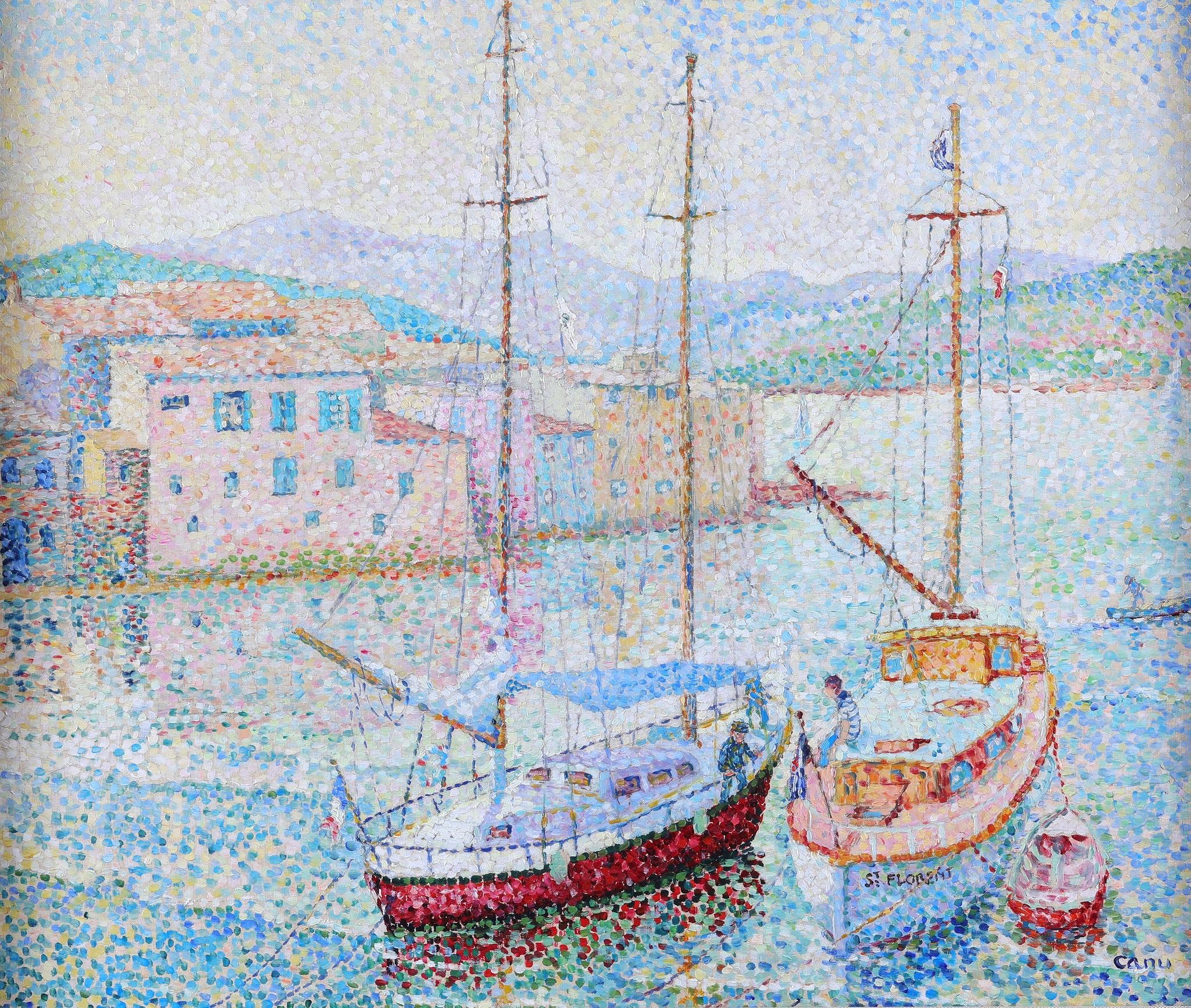 « Barques a St. Florent Corse » Boats de Saint Florent, Corsica. Pointillisme - Painting de Yvonne Canu