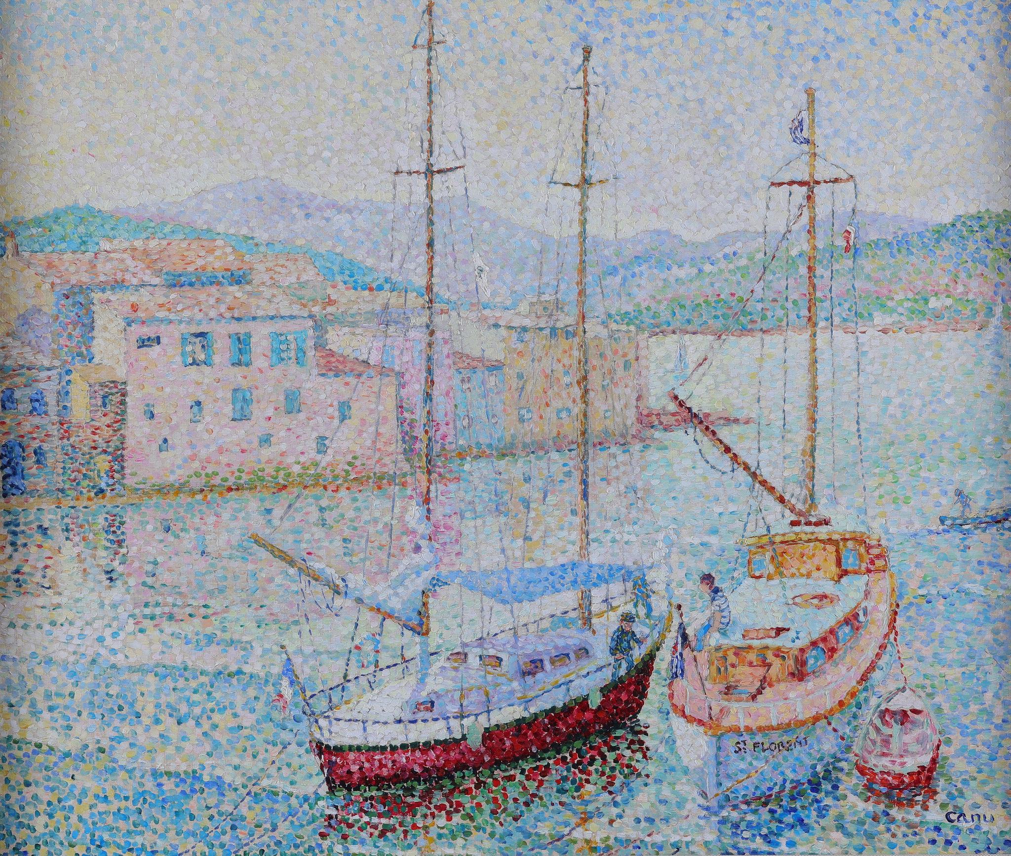 'Barques a St. Florent Corse' . Boats at Saint Florent, Corsica. Pointillism - Pointillist Painting by Yvonne Canu