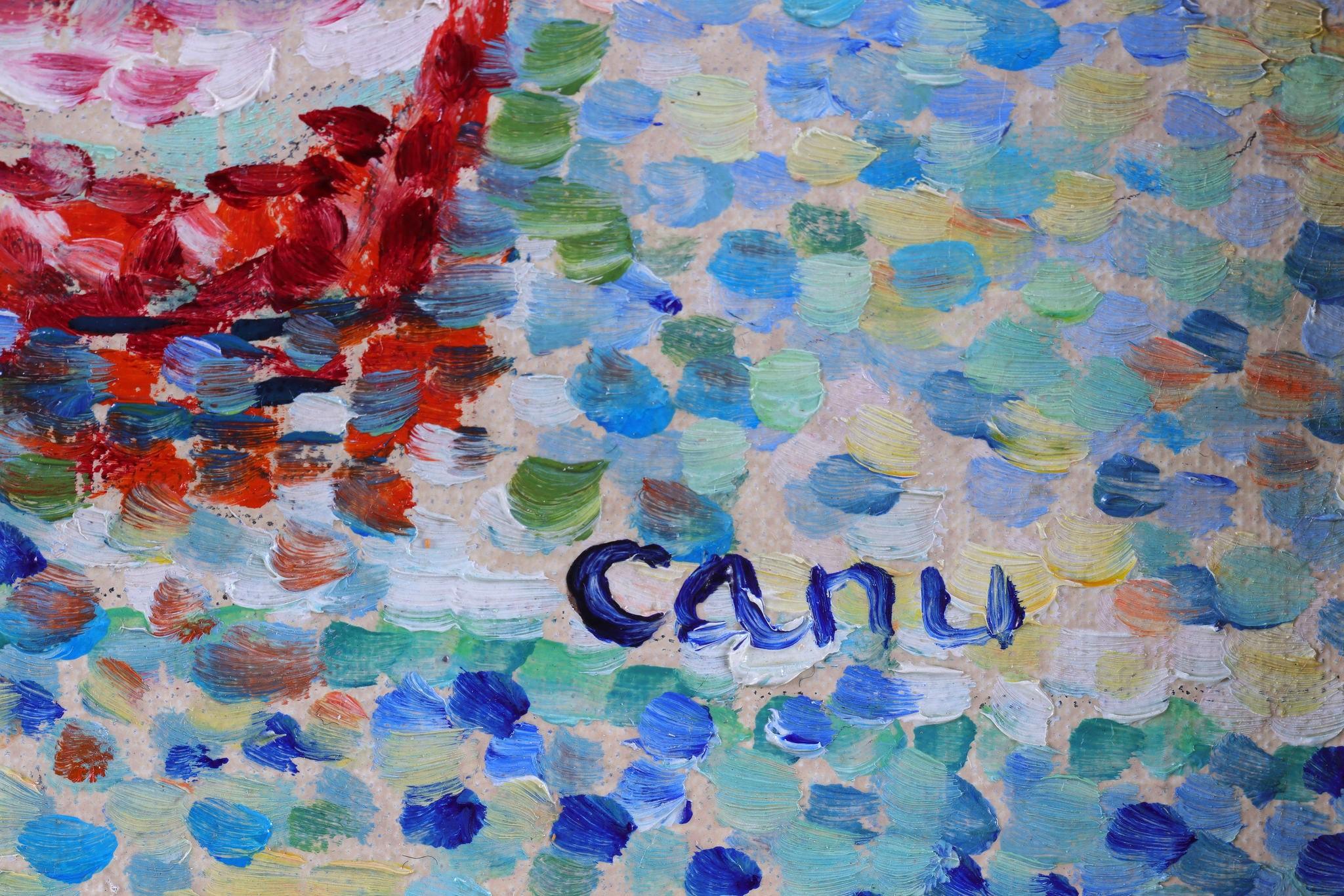 « Barques a St. Florent Corse » Boats de Saint Florent, Corsica. Pointillisme - Gris Landscape Painting par Yvonne Canu
