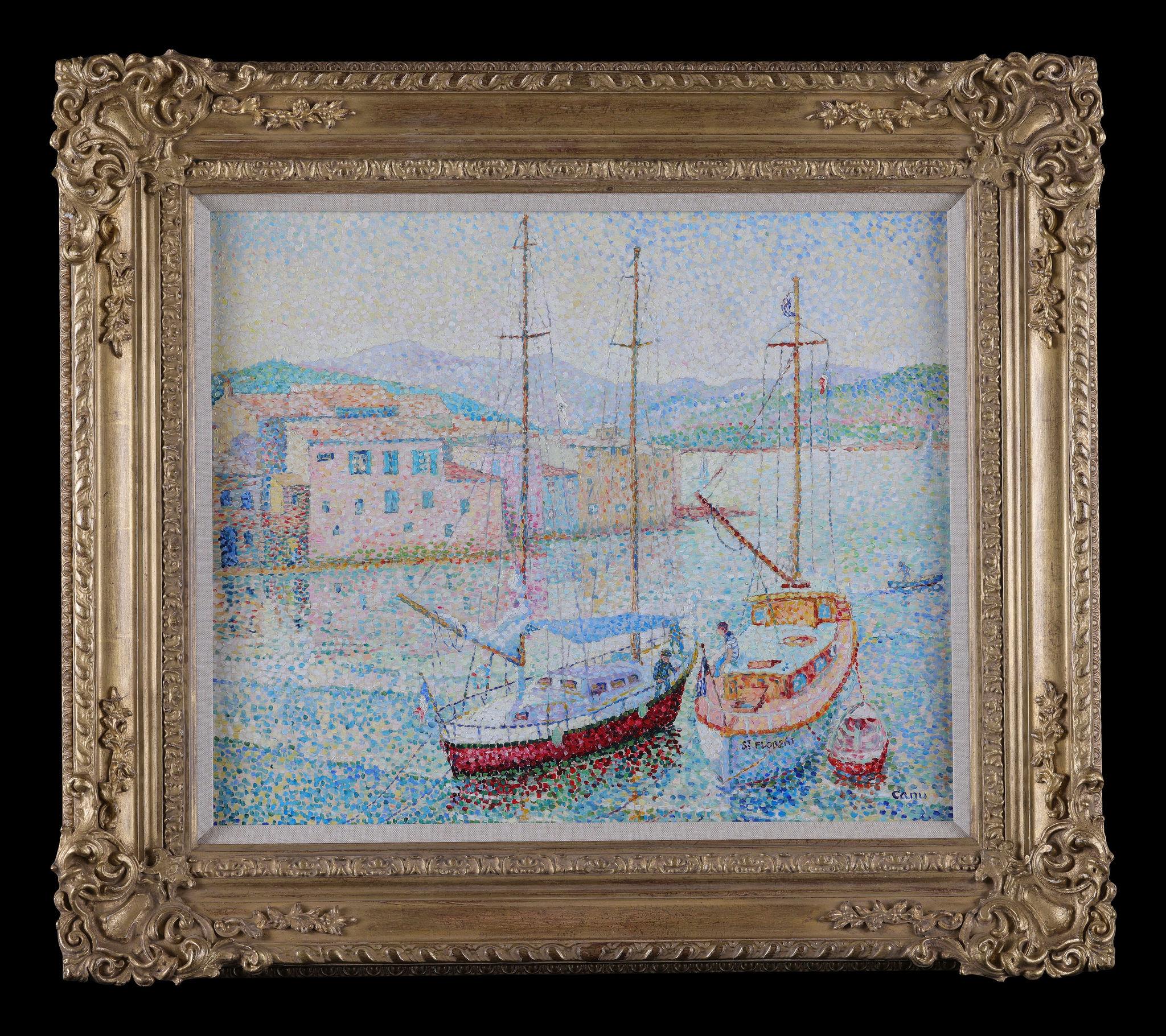 Yvonne Canu Landscape Painting - 'Barques a St. Florent Corse' . Boats at Saint Florent, Corsica. Pointillism