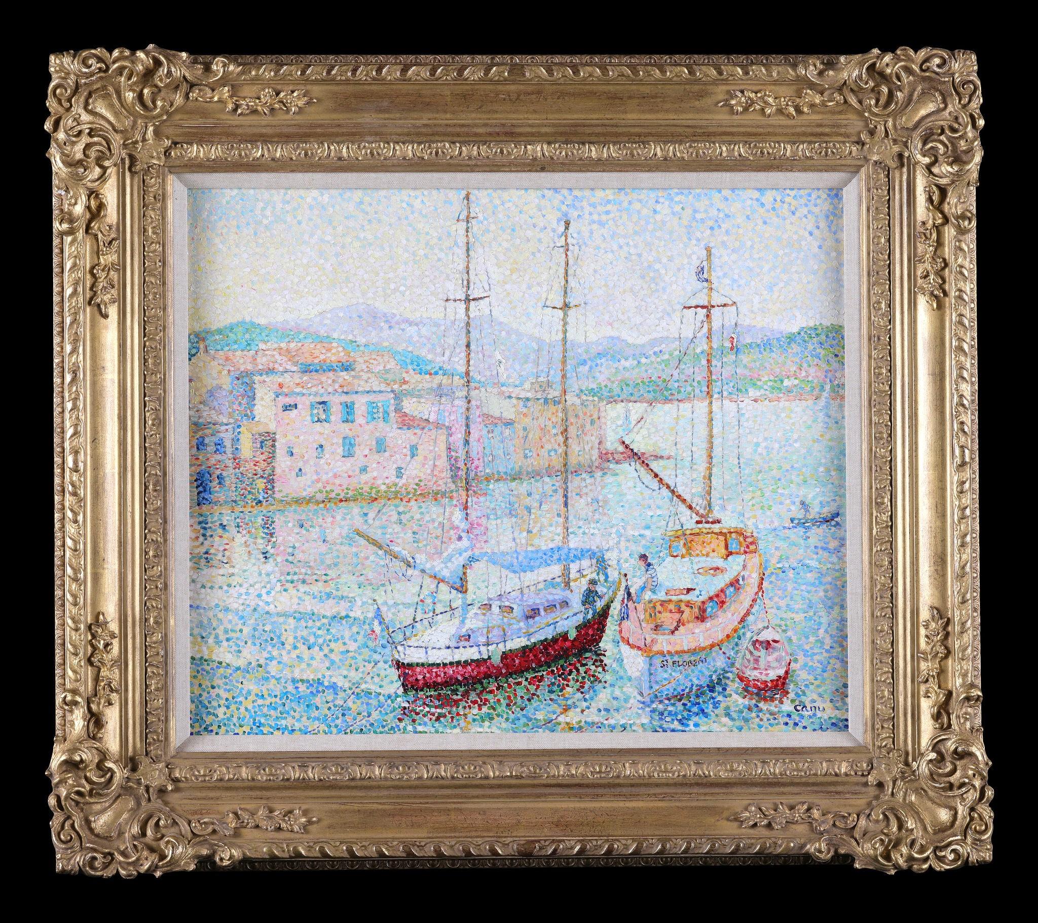 Landscape Painting Yvonne Canu - « Barques a St. Florent Corse » Boats de Saint Florent, Corsica. Pointillisme
