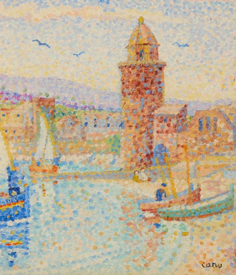 COLLIOURE farbenfrohes französisches, pointillistisches Gemälde in Mediumgröße in Öl auf Leinwand, 20. Jahrhundert im Angebot 1