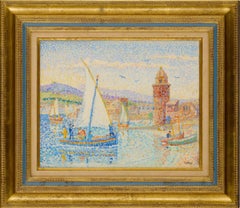 Collioure colorful French Pointillist 20th C medium sized oil on canvas painting