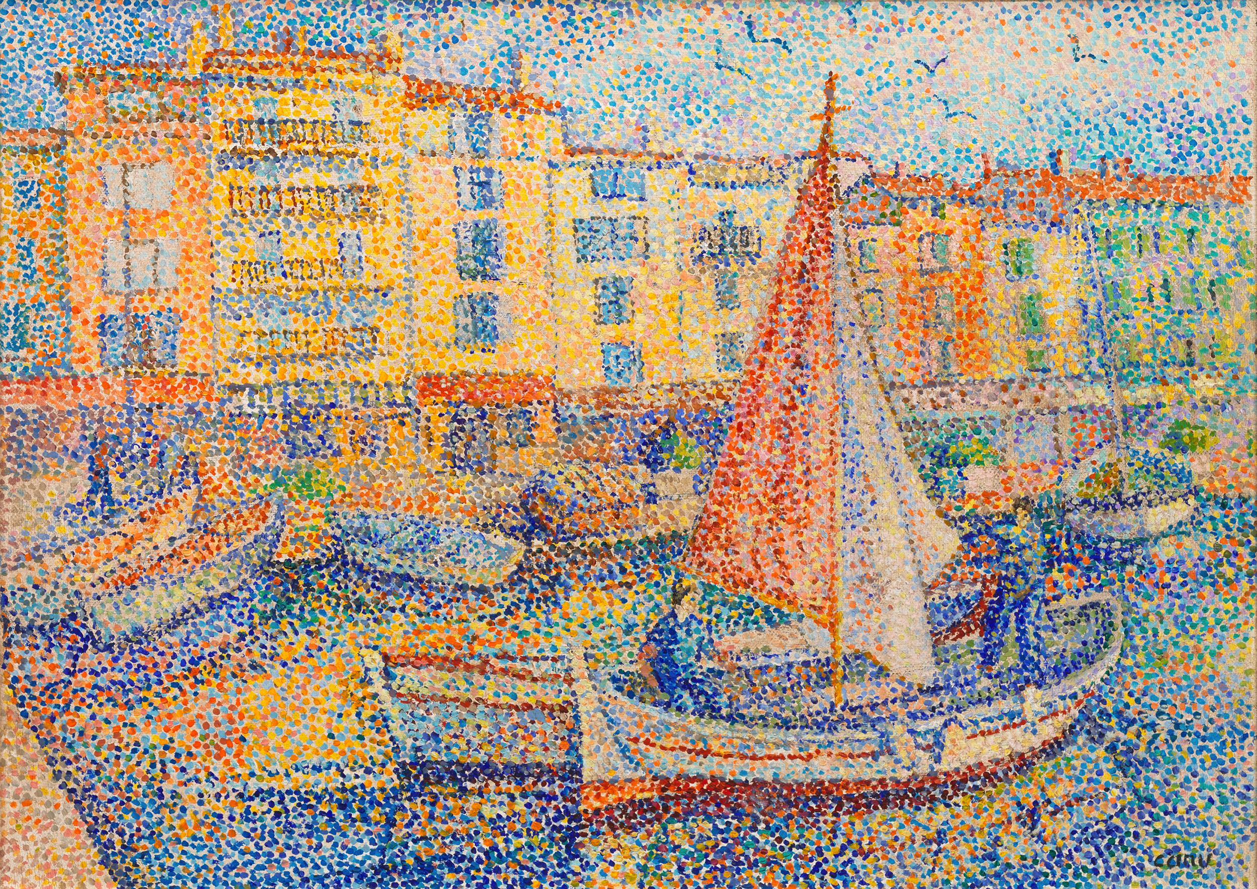 Yvonne Canu
1921-2008  French

Fishing Boats in St. Tropez

Signed "CANU" on lower right boat
Oil on canvas

The picturesque French Riviera is presented in French Post-Impressionist Yvonne Canu's signature Pointillist style. The leisurely harbor