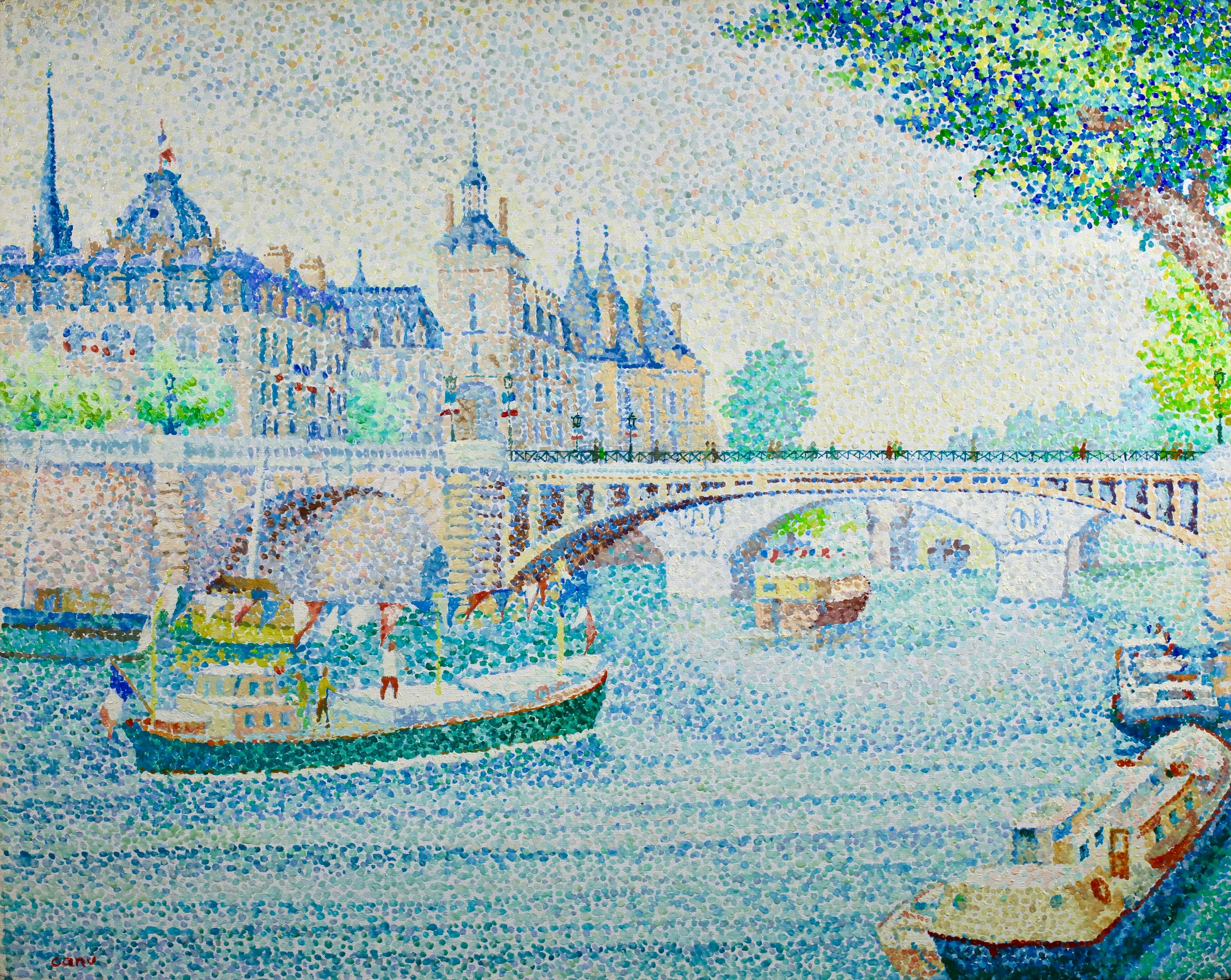 La Conciergerie - Paisaje fluvial puntillista neoimpresionista Óleo de Yvonne Canu en venta 1
