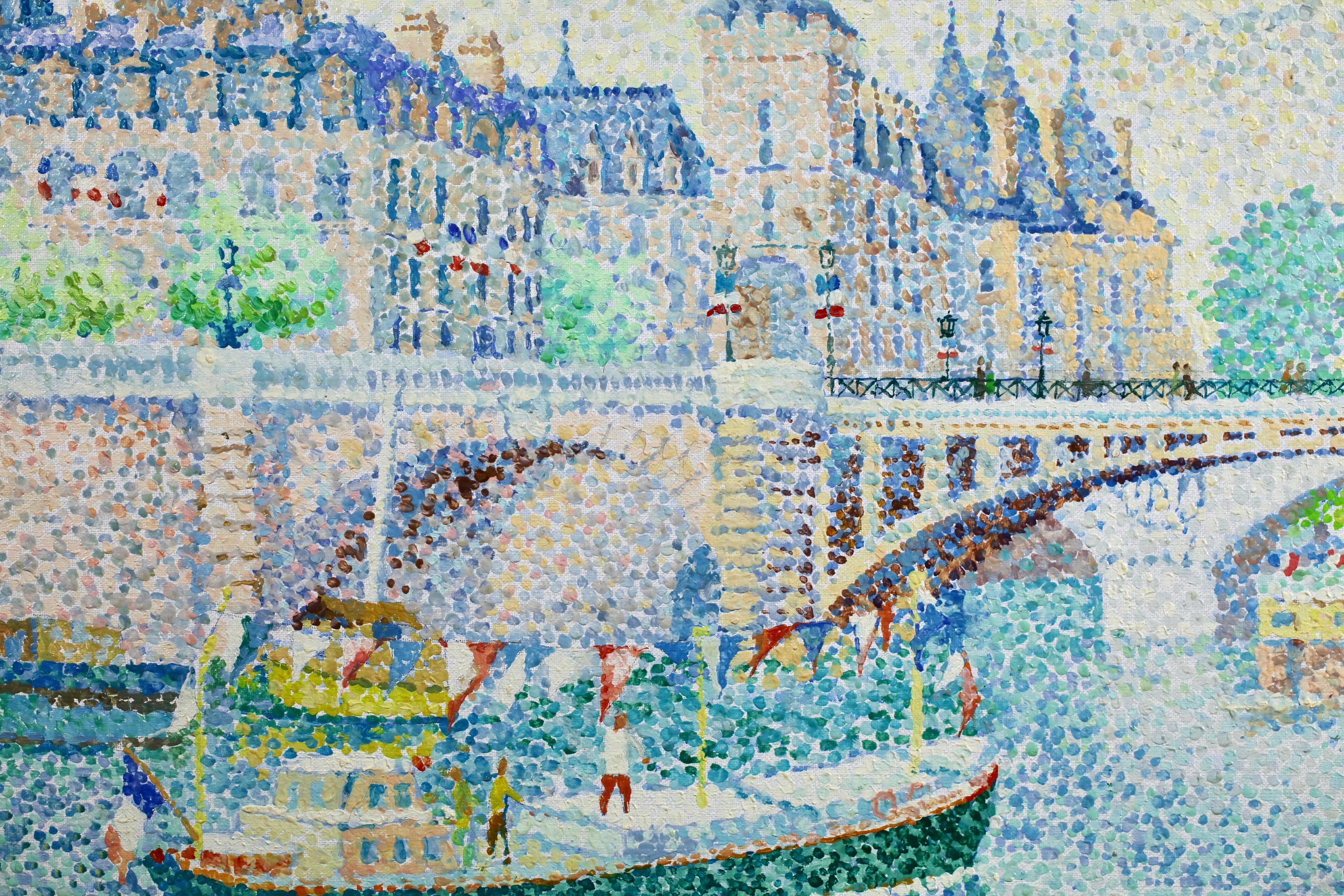 La Conciergerie - Paisaje fluvial puntillista neoimpresionista Óleo de Yvonne Canu en venta 2