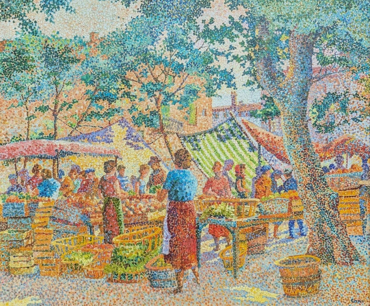 Marché de Provence - Un mercado en Provenza - Painting Puntillista de Yvonne Canu