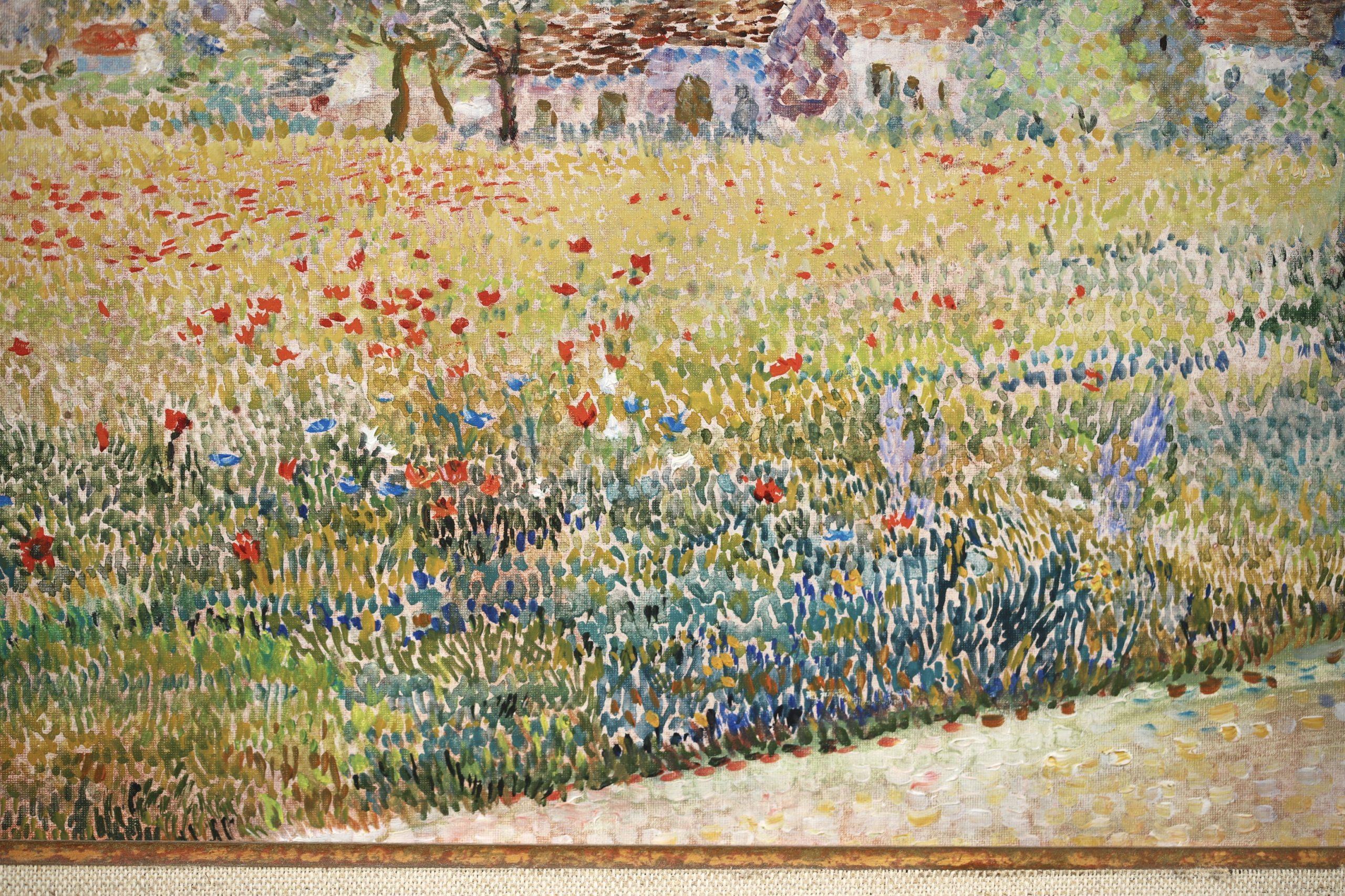 Repos dans un champs de coquelicots - Paisaje puntillista Óleo de Yvonne Canu en venta 9