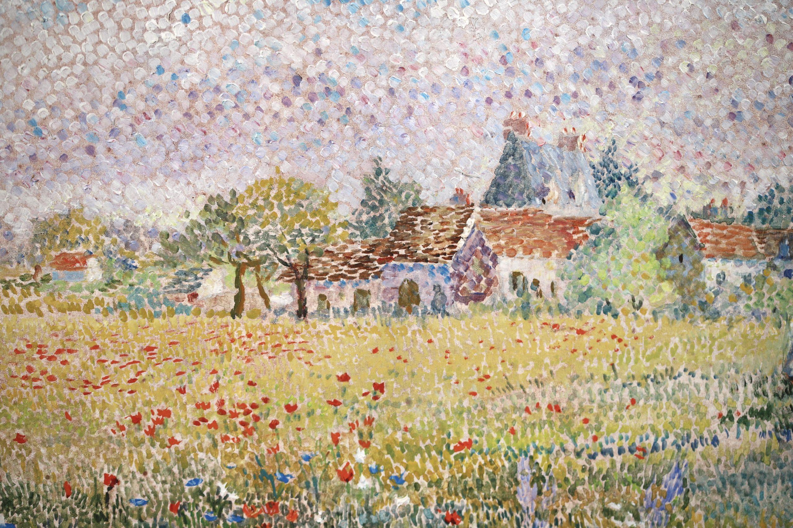 Repos dans un champs de coquelicots - Paisaje puntillista Óleo de Yvonne Canu en venta 10