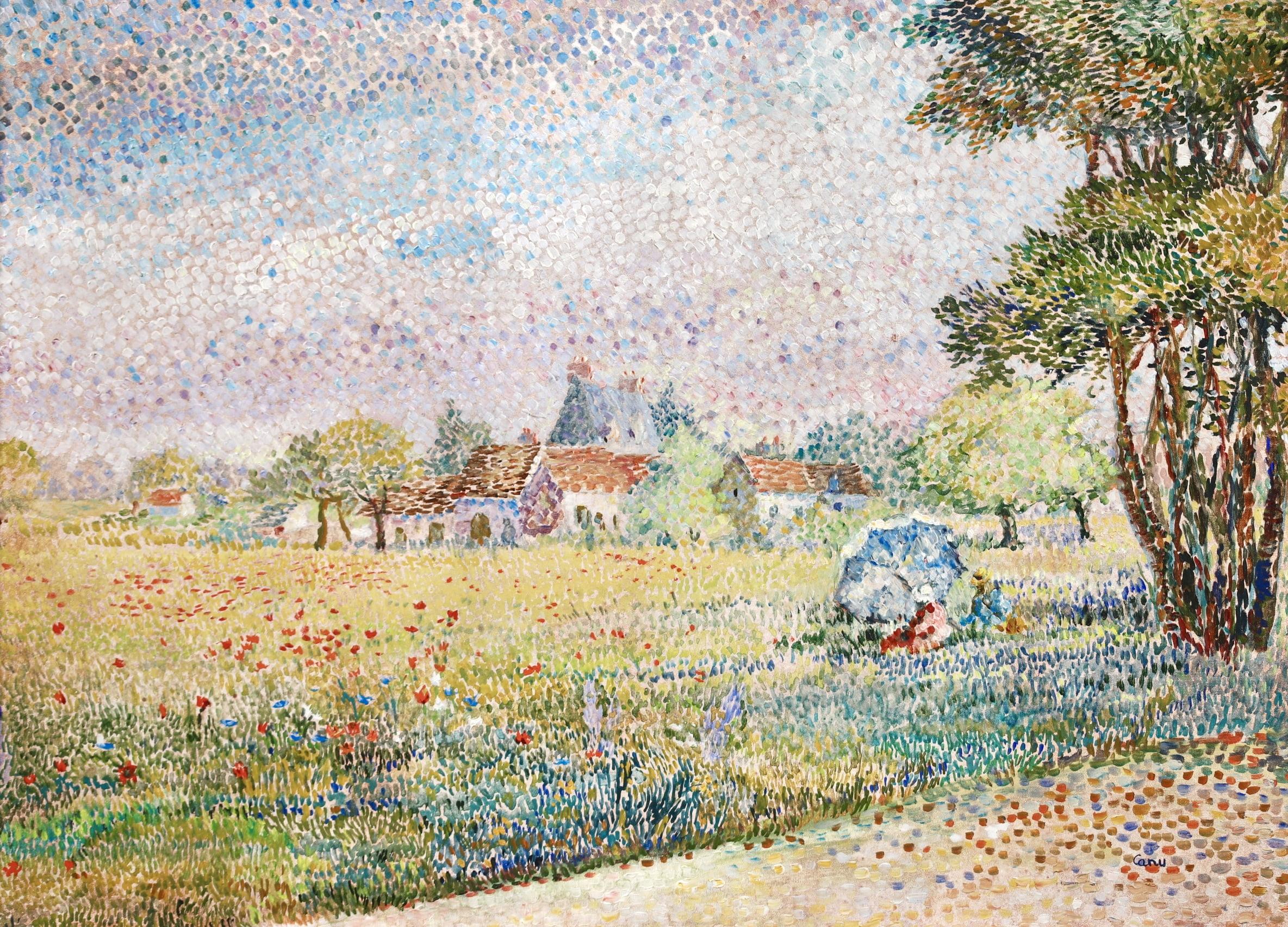 Repos dans un champs de coquelicots - Paisaje puntillista Óleo de Yvonne Canu en venta 1