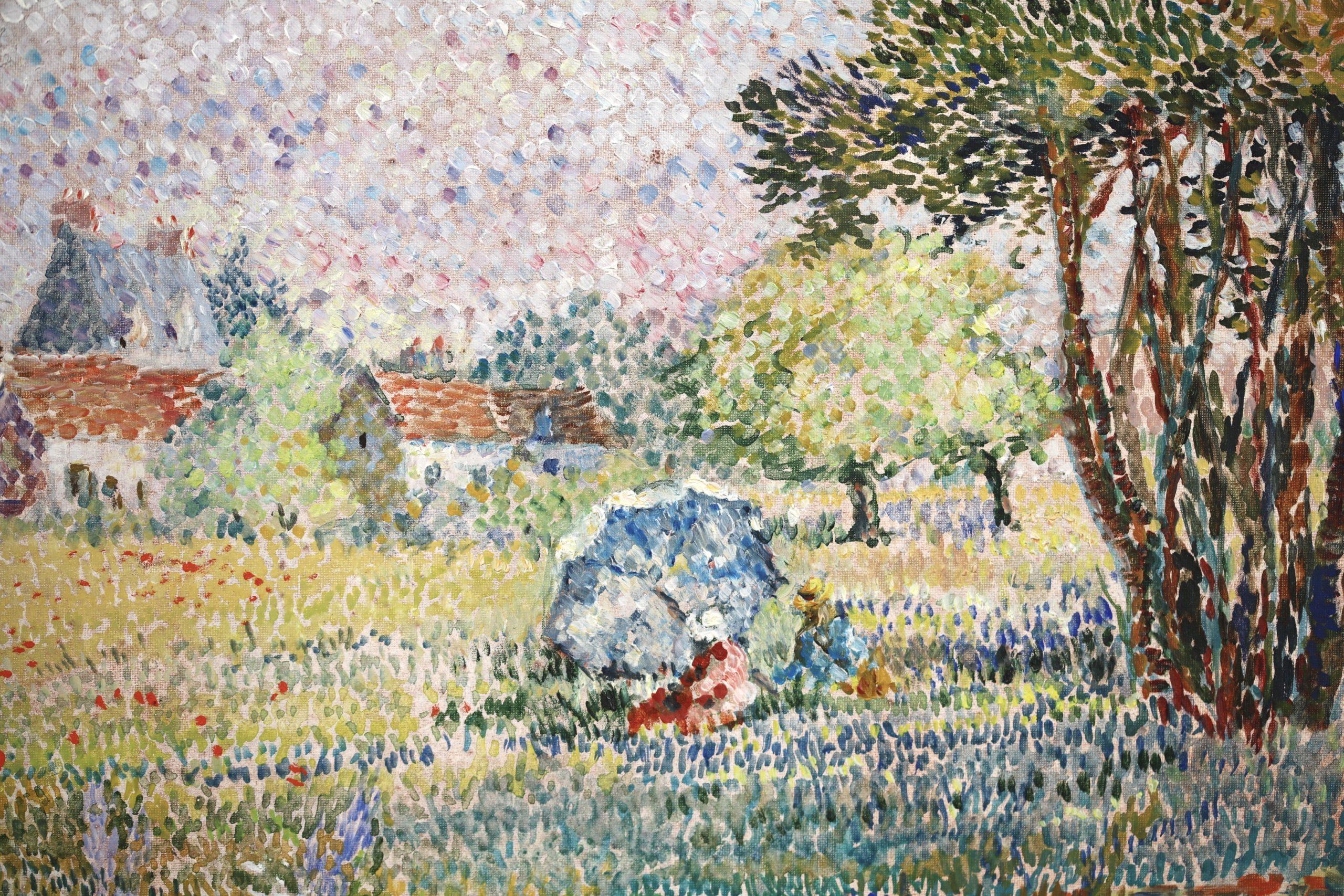 Repos dans un champs de coquelicots - Paisaje puntillista Óleo de Yvonne Canu en venta 2