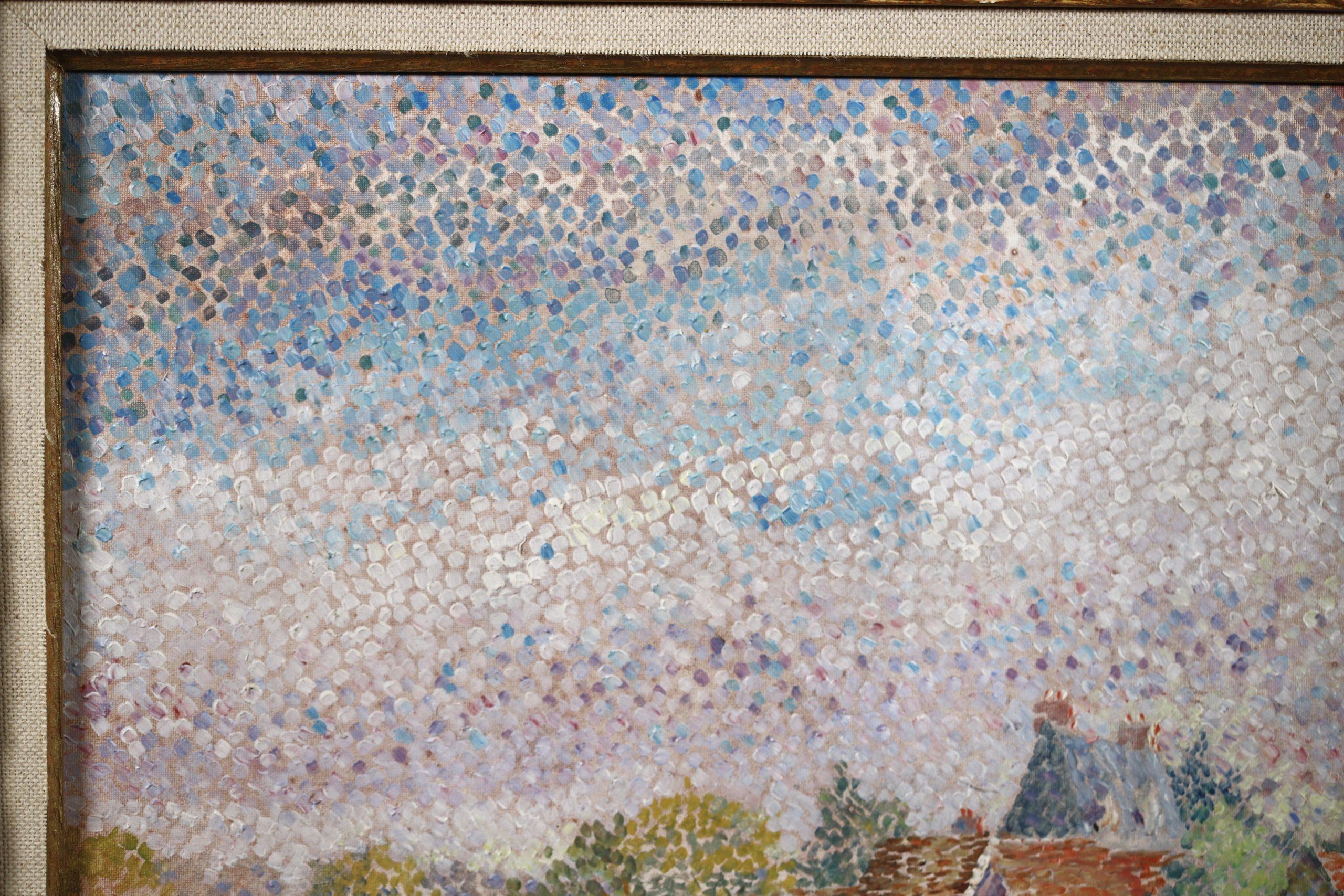 Repos dans un champs de coquelicots - Paisaje puntillista Óleo de Yvonne Canu en venta 3