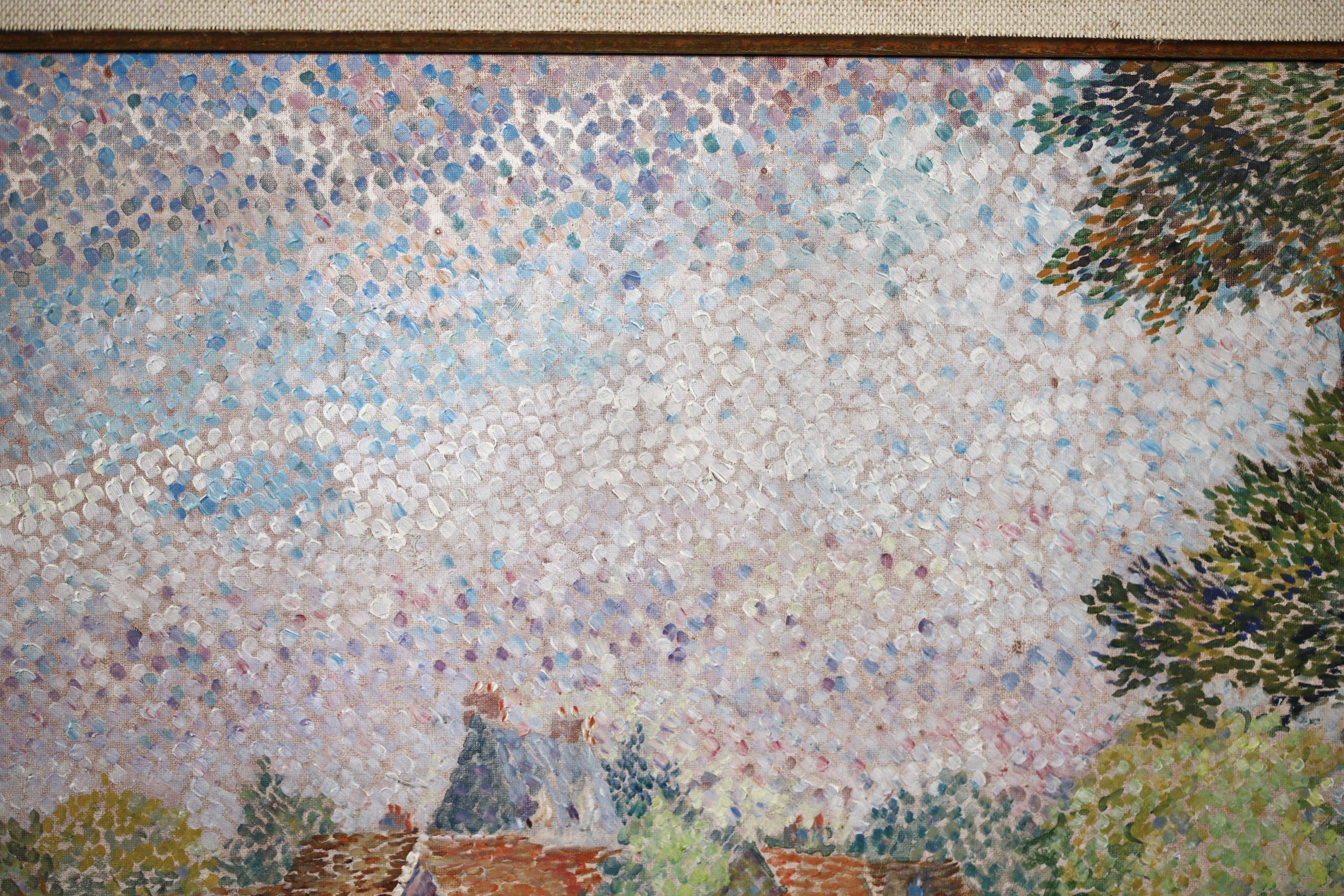 Repos dans un champs de coquelicots - Paisaje puntillista Óleo de Yvonne Canu en venta 4